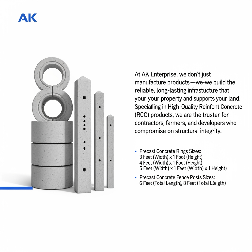 AI Design for content use in website[At AK Enterprise, we don't just manufacture concrete products—we build the reliable, long-lasting infrastructure that secures your property and supports your land. Specializing in High-Quality Reinforced Cement Concrete (RCC) products, we are the trusted partner for contractors, farmers, and developers who refuse to compromise on structural integrity.] actually we possible to do Precast Concrete Rings  Sizes:
3 Feet (Width) x 1 Foot
(Height)
4 Feet (Width) x 1 Foot (Height)
5 Feet (Width) x 1 Foot (Height)
6 Feet (Width) x 1 Foot (Height)
Precast Concrete Fence Posts  Sizes:
6 Feet (Total Length)
7 Feet (Total Length)
8 Feet (Total Length)  simple image relate to content in content relate generate                                 image unique image
