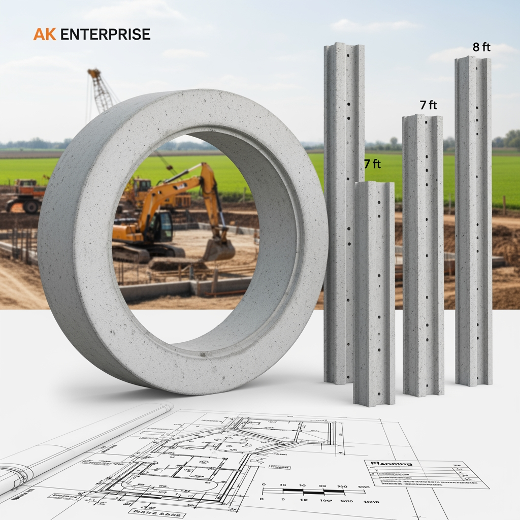 AI Design for content use in website[At AK Enterprise, we don't just manufacture concrete products—we build the reliable, long-lasting infrastructure that secures your property and supports your land. Specializing in High-Quality Reinforced Cement Concrete (RCC) products, we are the trusted partner for contractors, farmers, and developers who refuse to compromise on structural integrity.] actually we possible to do Precast Concrete Rings  Sizes:
3 Feet (Width) x 1 Foot
(Height)
4 Feet (Width) x 1 Foot (Height)
5 Feet (Width) x 1 Foot (Height)
6 Feet (Width) x 1 Foot (Height)
Precast Concrete Fence Posts  Sizes:
6 Feet (Total Length)
7 Feet (Total Length)
8 Feet (Total Length)  simple image relate to content in content relate generate                                 image unique image
