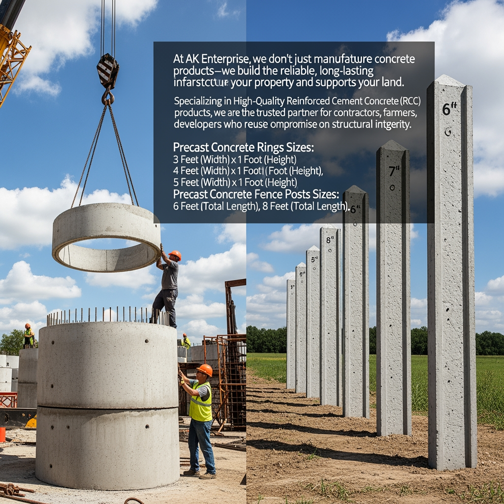 AI Design for content use in website[At AK Enterprise, we don't just manufacture concrete products—we build the reliable, long-lasting infrastructure that secures your property and supports your land. Specializing in High-Quality Reinforced Cement Concrete (RCC) products, we are the trusted partner for contractors, farmers, and developers who refuse to compromise on structural integrity.] actually we possible to do Precast Concrete Rings  Sizes:
3 Feet (Width) x 1 Foot
(Height)
4 Feet (Width) x 1 Foot (Height)
5 Feet (Width) x 1 Foot (Height)
6 Feet (Width) x 1 Foot (Height)
Precast Concrete Fence Posts  Sizes:
6 Feet (Total Length)
7 Feet (Total Length)
8 Feet (Total Length)  simple image relate to content in content relate generate                                 image unique image