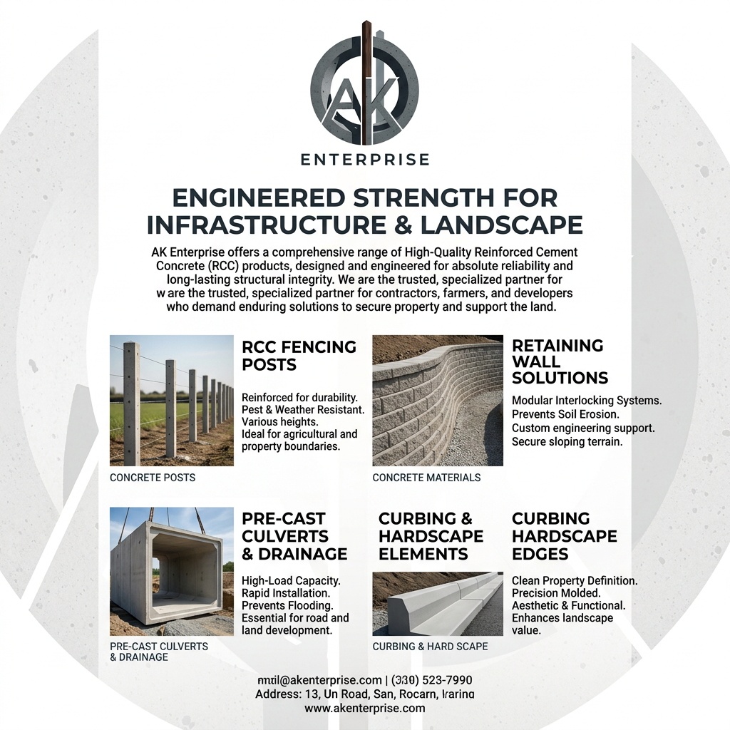 AI Design for i share my logo need means add this logo At AK Enterprise, we don't just manufacture concrete products—we build the reliable, long-lasting infrastructure that secures your property and supports your land. Specializing in High-Quality Reinforced Cement Concrete (RCC) products, we are the trusted partner for contractors, farmers, and developers who refuse to compromise on structural integrity. content relate generate image in this image i givent content dont use in image add attractive content related to my explaination generate image