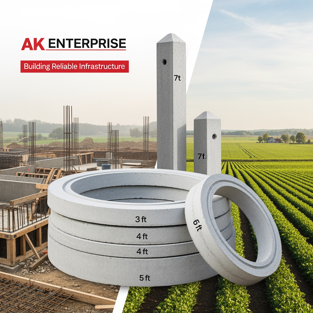AI Design for content use in website[At AK Enterprise, we don't just manufacture concrete products—we build the reliable, long-lasting infrastructure that secures your property and supports your land. Specializing in High-Quality Reinforced Cement Concrete (RCC) products, we are the trusted partner for contractors, farmers, and developers who refuse to compromise on structural integrity.] actually we possible to do Precast Concrete Rings  Sizes:
3 Feet (Width) x 1 Foot
(Height)
4 Feet (Width) x 1 Foot (Height)
5 Feet (Width) x 1 Foot (Height)
6 Feet (Width) x 1 Foot (Height)
Precast Concrete Fence Posts  Sizes:
6 Feet (Total Length)
7 Feet (Total Length)
8 Feet (Total Length)  simple image relate to content in content relate generate                                 image unique image