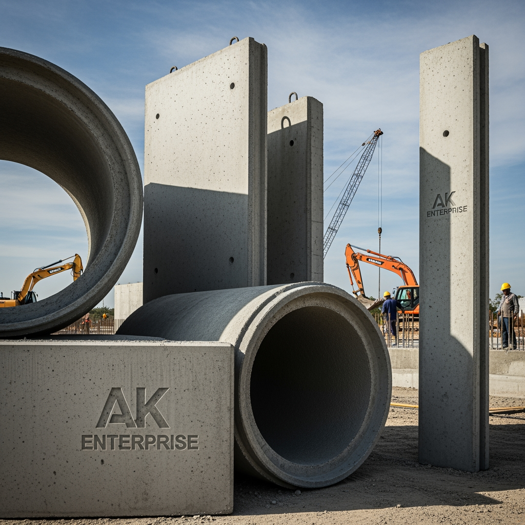 AI Design for [At AK Enterprise, we don't just manufacture concrete products—we build the reliable, long-lasting infrastructure that secures your property and supports your land. Specializing in High-Quality Reinforced Cement Concrete (RCC) products, we are the trusted partner for contractors, farmers, and developers who refuse to compromise on structural integrity.] content relate generate image