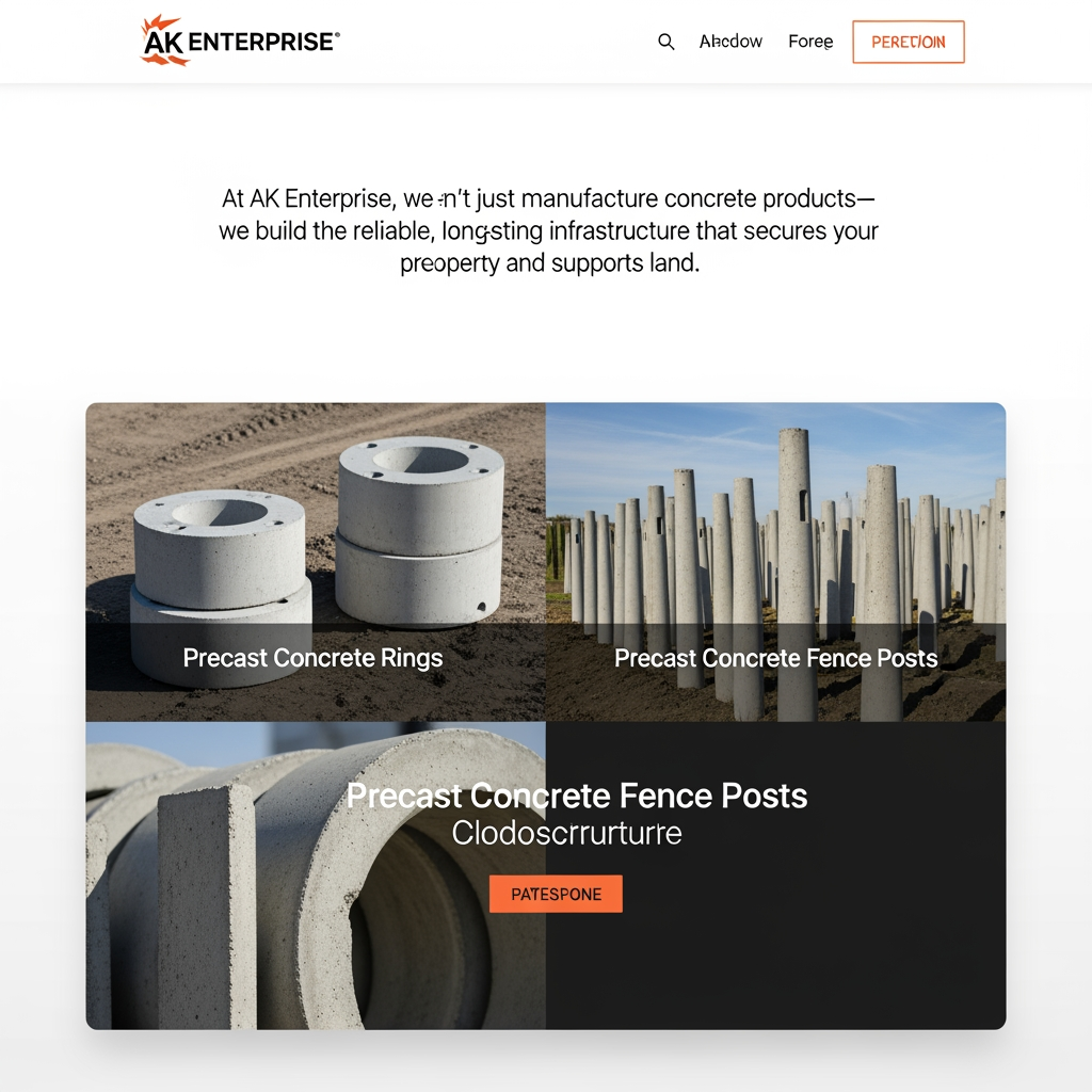 AI Design for content use in website[At AK Enterprise, we don't just manufacture concrete products—we build the reliable, long-lasting infrastructure that secures your property and supports your land. Specializing in High-Quality Reinforced Cement Concrete (RCC) products, we are the trusted partner for contractors, farmers, and developers who refuse to compromise on structural integrity.] actually we possible to do Precast Concrete Rings  Sizes:
3 Feet (Width) x 1 Foot
(Height)
4 Feet (Width) x 1 Foot (Height)
5 Feet (Width) x 1 Foot (Height)
6 Feet (Width) x 1 Foot (Height)
Precast Concrete Fence Posts  Sizes:
6 Feet (Total Length)
7 Feet (Total Length)
8 Feet (Total Length)  simple image relate to content in content relate generate                                 image unique image