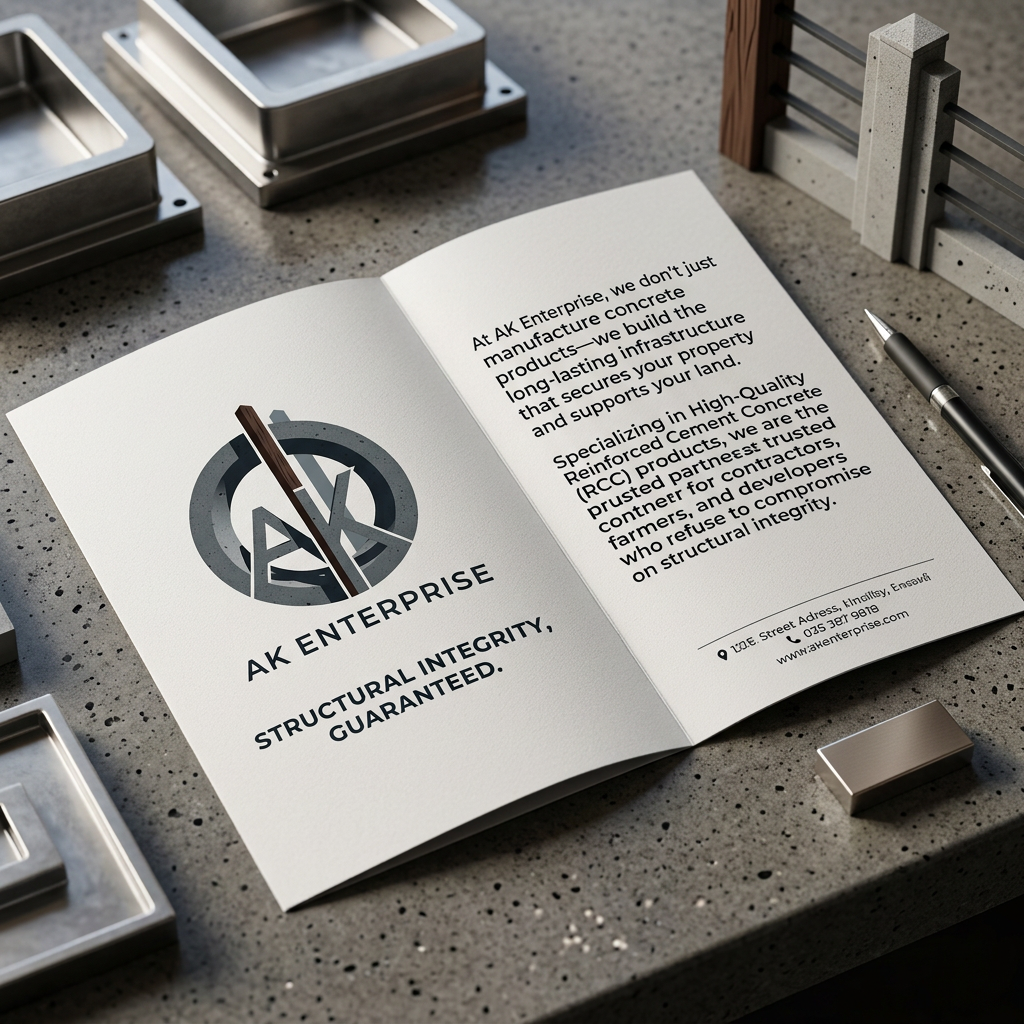 AI Design for i share my logo need means add this logo [At AK Enterprise, we don't just manufacture concrete products—we build the reliable, long-lasting infrastructure that secures your property and supports your land. Specializing in High-Quality Reinforced Cement Concrete (RCC) products, we are the trusted partner for contractors, farmers, and developers who refuse to compromise on structural integrity.] content relate generate image in this image i givent content dont use in image add attractive content related to my explaination generate image     (