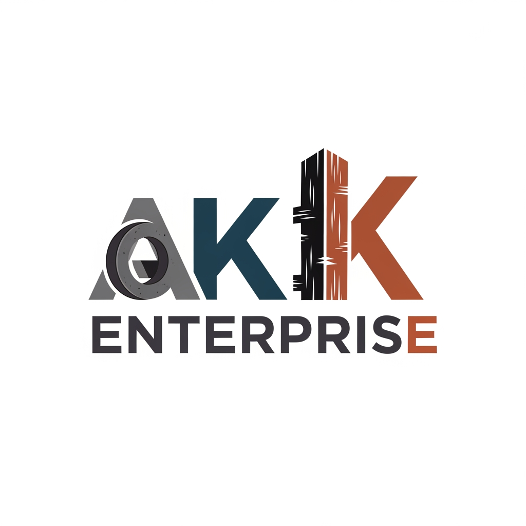 AI Design for AK Enterprise name use generate logo related to Precast Concrete Ring and Fence Posts colour use dark attractic colors unique design logo SHOULD MERGE TO AK Enterprise
