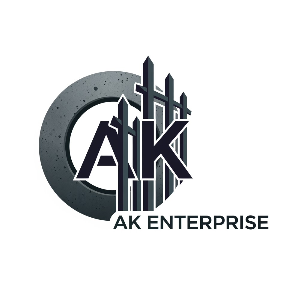 AI Design for AK Enterprise name use generate logo related to Precast Concrete Ring and Fence Posts colour use dark attractic colors unique design logo SHOULD MERGE TO AK Enterprise