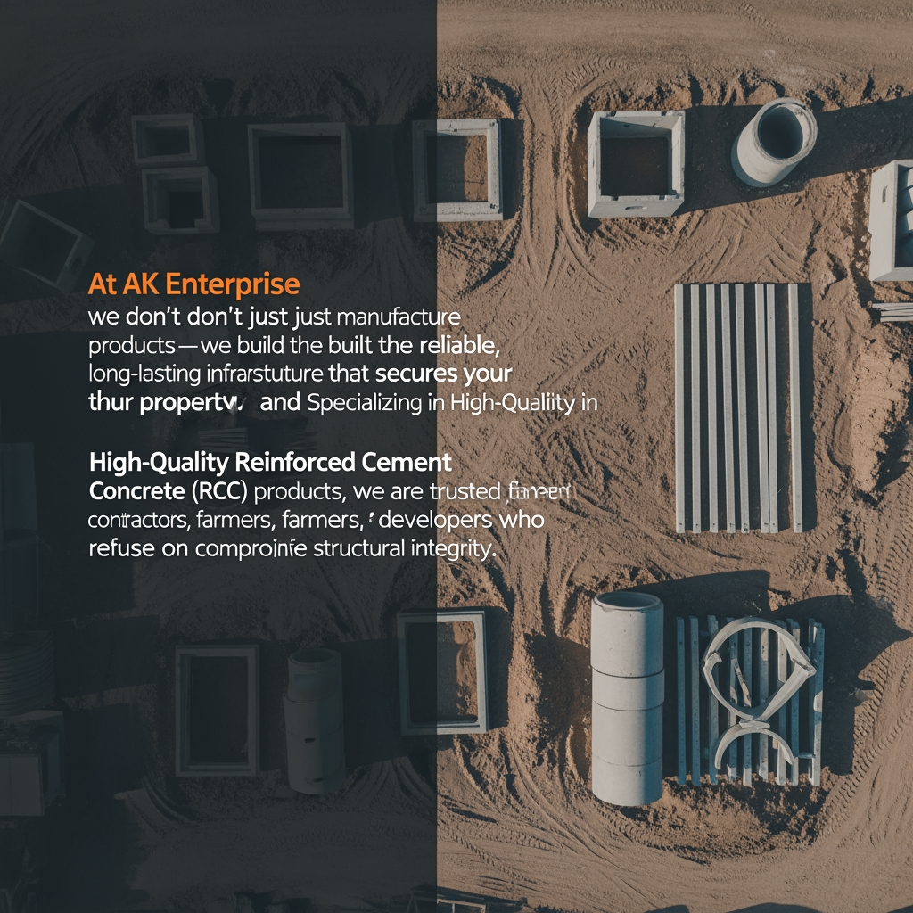 AI Design for content use in website[At AK Enterprise, we don't just manufacture concrete products—we build the reliable, long-lasting infrastructure that secures your property and supports your land. Specializing in High-Quality Reinforced Cement Concrete (RCC) products, we are the trusted partner for contractors, farmers, and developers who refuse to compromise on structural integrity.] actually we possible to do Precast Concrete Rings  Sizes:
3 Feet (Width) x 1 Foot
(Height)
4 Feet (Width) x 1 Foot (Height)
5 Feet (Width) x 1 Foot (Height)
6 Feet (Width) x 1 Foot (Height)
Precast Concrete Fence Posts  Sizes:
6 Feet (Total Length)
7 Feet (Total Length)
8 Feet (Total Length)  simple image relate to content in content relate generate                                 image unique image