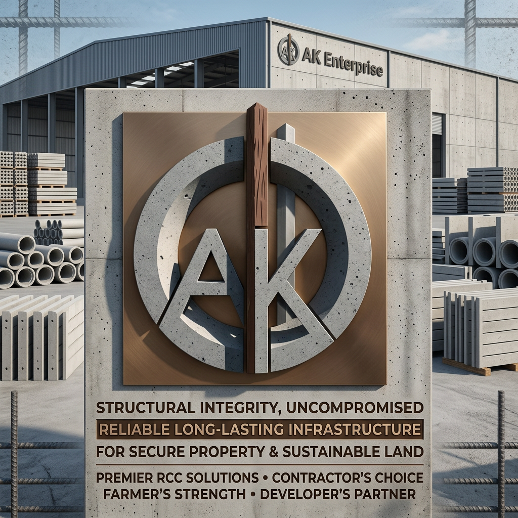 AI Design for i share my logo need means add this logo At AK Enterprise, we don't just manufacture concrete products—we build the reliable, long-lasting infrastructure that secures your property and supports your land. Specializing in High-Quality Reinforced Cement Concrete (RCC) products, we are the trusted partner for contractors, farmers, and developers who refuse to compromise on structural integrity. content relate generate image in this image i givent content dont use in image add attractive content related to my explaination generate image