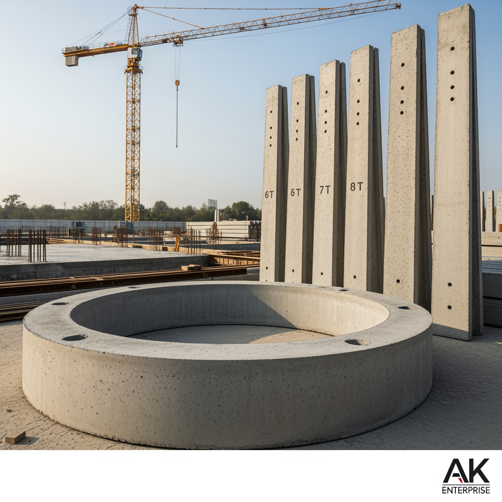 AI Design for content use in website[At AK Enterprise, we don't just manufacture concrete products—we build the reliable, long-lasting infrastructure that secures your property and supports your land. Specializing in High-Quality Reinforced Cement Concrete (RCC) products, we are the trusted partner for contractors, farmers, and developers who refuse to compromise on structural integrity.] actually we possible to do Precast Concrete Rings  Sizes:
3 Feet (Width) x 1 Foot
(Height)
4 Feet (Width) x 1 Foot (Height)
5 Feet (Width) x 1 Foot (Height)
6 Feet (Width) x 1 Foot (Height)
Precast Concrete Fence Posts  Sizes:
6 Feet (Total Length)
7 Feet (Total Length)
8 Feet (Total Length)  this content dont mention in image use as image simple image relate to content in content relate generate                                 image unique image