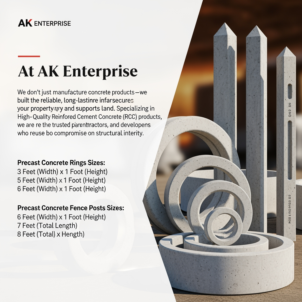 AI Design for content use in website[At AK Enterprise, we don't just manufacture concrete products—we build the reliable, long-lasting infrastructure that secures your property and supports your land. Specializing in High-Quality Reinforced Cement Concrete (RCC) products, we are the trusted partner for contractors, farmers, and developers who refuse to compromise on structural integrity.] actually we possible to do Precast Concrete Rings  Sizes:
3 Feet (Width) x 1 Foot
(Height)
4 Feet (Width) x 1 Foot (Height)
5 Feet (Width) x 1 Foot (Height)
6 Feet (Width) x 1 Foot (Height)
Precast Concrete Fence Posts  Sizes:
6 Feet (Total Length)
7 Feet (Total Length)
8 Feet (Total Length)  simple image relate to content in content relate generate                                 image unique image