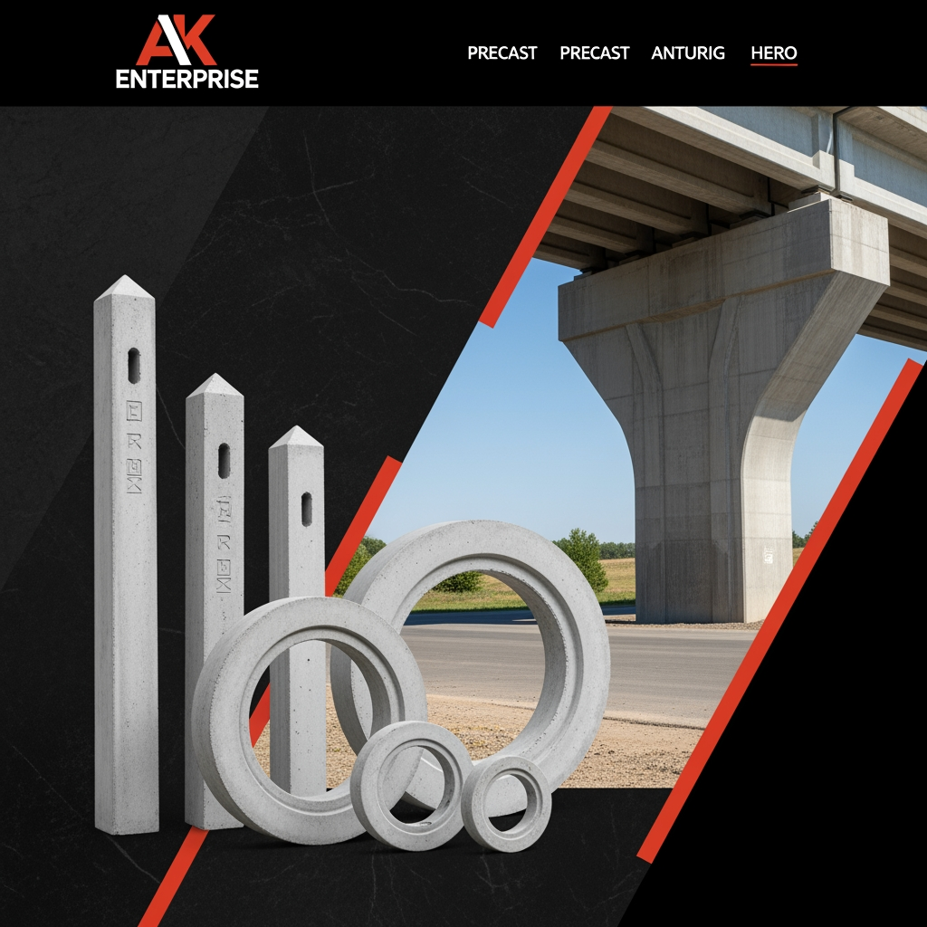 AI Design for content use in website[At AK Enterprise, we don't just manufacture concrete products—we build the reliable, long-lasting infrastructure that secures your property and supports your land. Specializing in High-Quality Reinforced Cement Concrete (RCC) products, we are the trusted partner for contractors, farmers, and developers who refuse to compromise on structural integrity.] actually we possible to do Precast Concrete Rings  Sizes:
3 Feet (Width) x 1 Foot
(Height)
4 Feet (Width) x 1 Foot (Height)
5 Feet (Width) x 1 Foot (Height)
6 Feet (Width) x 1 Foot (Height)
Precast Concrete Fence Posts  Sizes:
6 Feet (Total Length)
7 Feet (Total Length)
8 Feet (Total Length)  simple image relate to content in content relate generate                                 image unique image