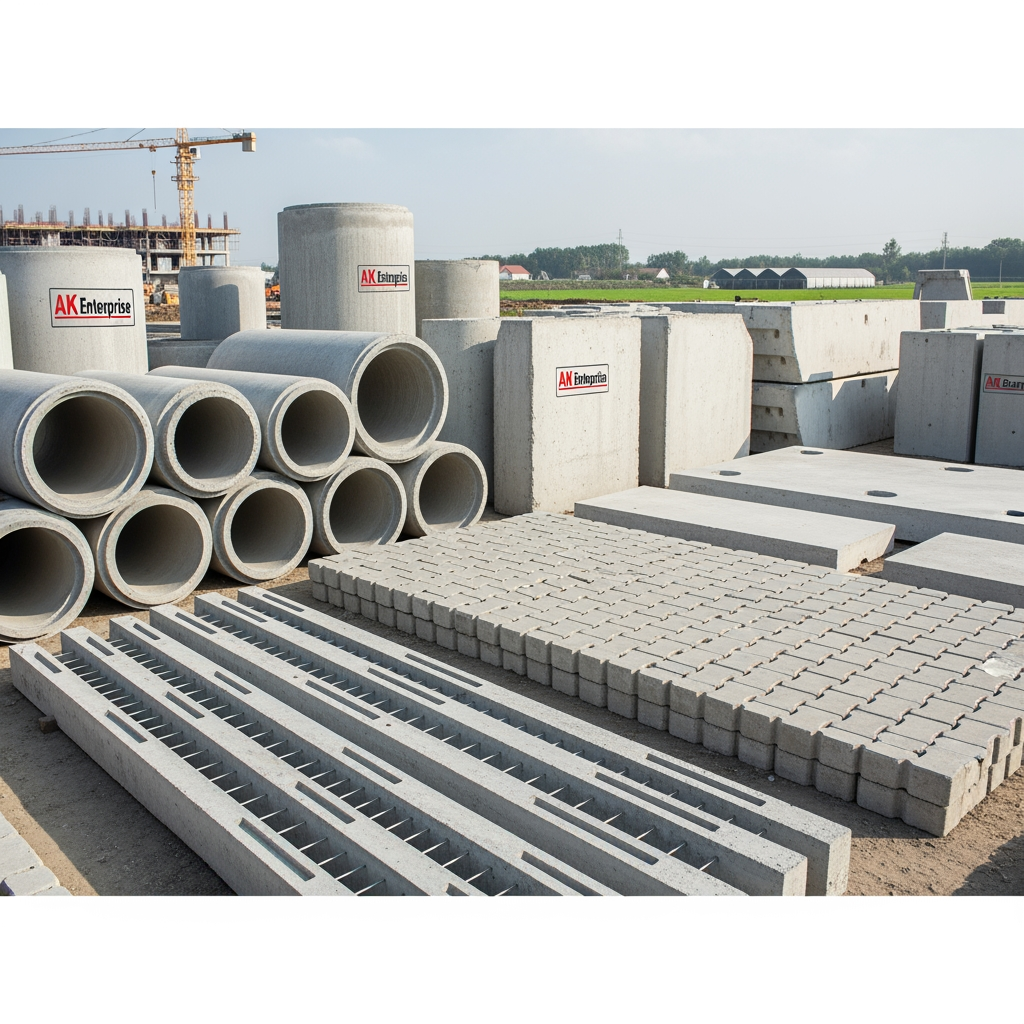 AI Design for [At AK Enterprise, we don't just manufacture concrete products—we build the reliable, long-lasting infrastructure that secures your property and supports your land. Specializing in High-Quality Reinforced Cement Concrete (RCC) products, we are the trusted partner for contractors, farmers, and developers who refuse to compromise on structural integrity.] content relate generate image