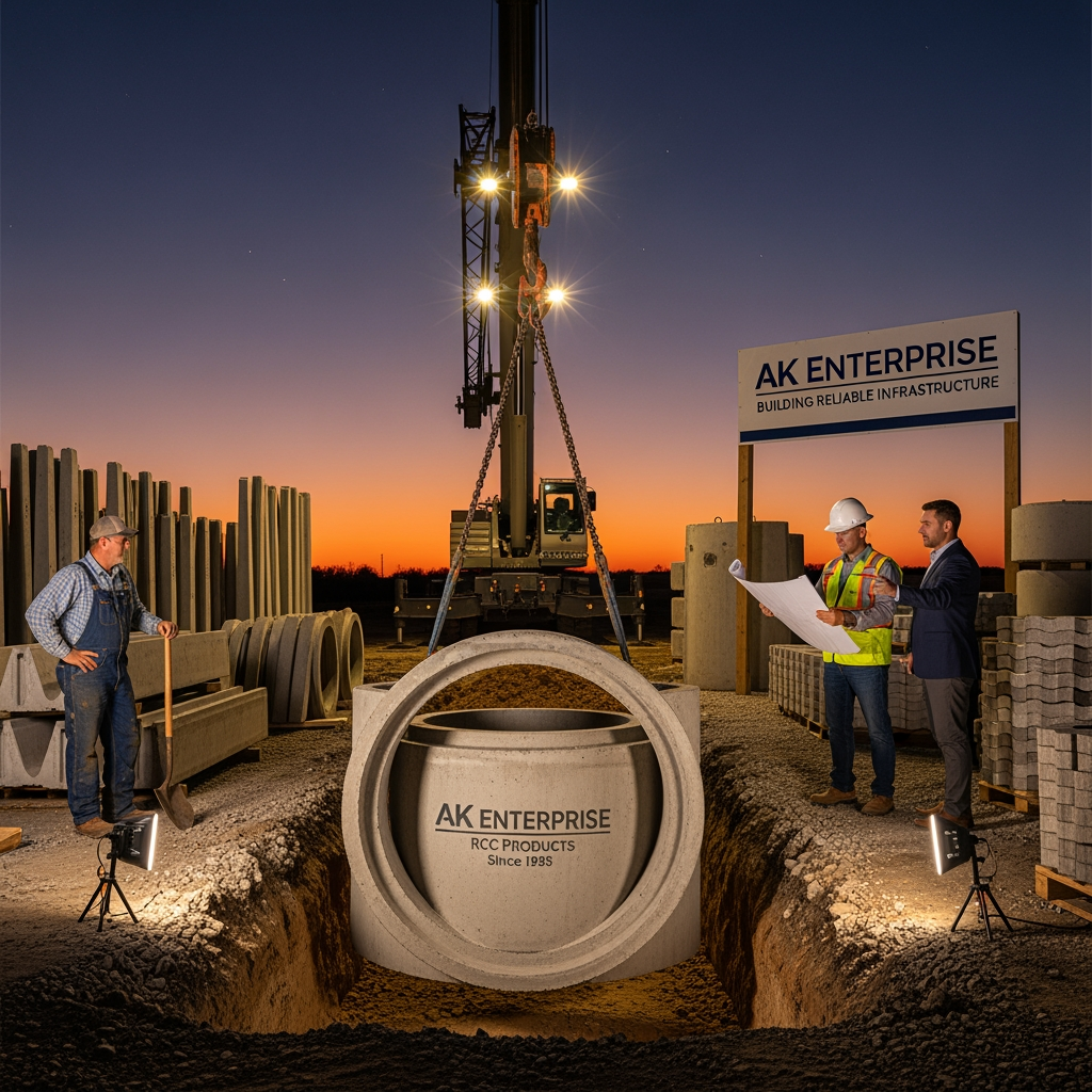 AI Design for [At AK Enterprise, we don't just manufacture concrete products—we build the reliable, long-lasting infrastructure that secures your property and supports your land. Specializing in High-Quality Reinforced Cement Concrete (RCC) products, we are the trusted partner for contractors, farmers, and developers who refuse to compromise on structural integrity.] content relate generate image