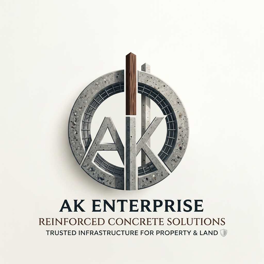 AI Design for At AK Enterprise, we don't just manufacture concrete products—we build the reliable, long-lasting infrastructure that secures your property and supports your land. Specializing in High-Quality Reinforced Cement Concrete (RCC) products, we are the trusted partner for contractors, farmers, and developers who refuse to compromise on structural integrity. content relate generate image in this image i givent content dont use in image add attractive content related to my explaination