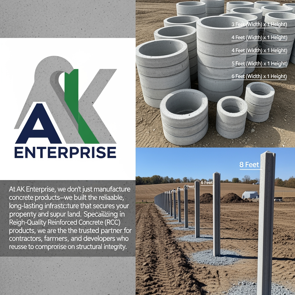AI Design for content use in website[At AK Enterprise, we don't just manufacture concrete products—we build the reliable, long-lasting infrastructure that secures your property and supports your land. Specializing in High-Quality Reinforced Cement Concrete (RCC) products, we are the trusted partner for contractors, farmers, and developers who refuse to compromise on structural integrity.] actually we possible to do Precast Concrete Rings  Sizes:
3 Feet (Width) x 1 Foot
(Height)
4 Feet (Width) x 1 Foot (Height)
5 Feet (Width) x 1 Foot (Height)
6 Feet (Width) x 1 Foot (Height)
Precast Concrete Fence Posts  Sizes:
6 Feet (Total Length)
7 Feet (Total Length)
8 Feet (Total Length)  simple image relate to content in content relate generate                                 image unique image