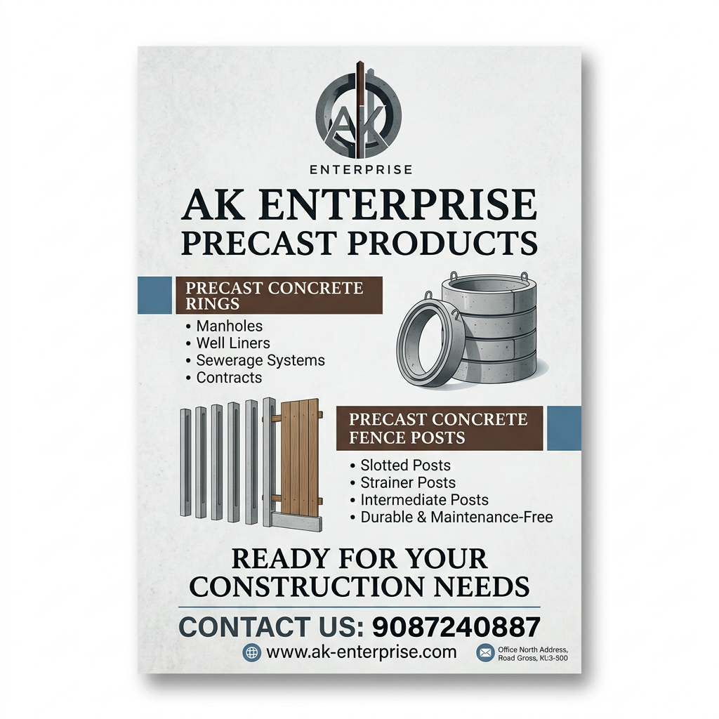 AI Design for Precast Concrete Rings,Precast Concrete Fence Posts related poster need for website logo also include in poster with contact :9087240887