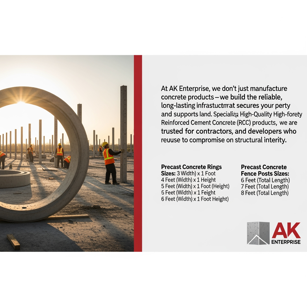 AI Design for content use in website[At AK Enterprise, we don't just manufacture concrete products—we build the reliable, long-lasting infrastructure that secures your property and supports your land. Specializing in High-Quality Reinforced Cement Concrete (RCC) products, we are the trusted partner for contractors, farmers, and developers who refuse to compromise on structural integrity.] actually we possible to do Precast Concrete Rings  Sizes:
3 Feet (Width) x 1 Foot
(Height)
4 Feet (Width) x 1 Foot (Height)
5 Feet (Width) x 1 Foot (Height)
6 Feet (Width) x 1 Foot (Height)
Precast Concrete Fence Posts  Sizes:
6 Feet (Total Length)
7 Feet (Total Length)
8 Feet (Total Length)  simple image relate to content in content relate generate                                 image unique image