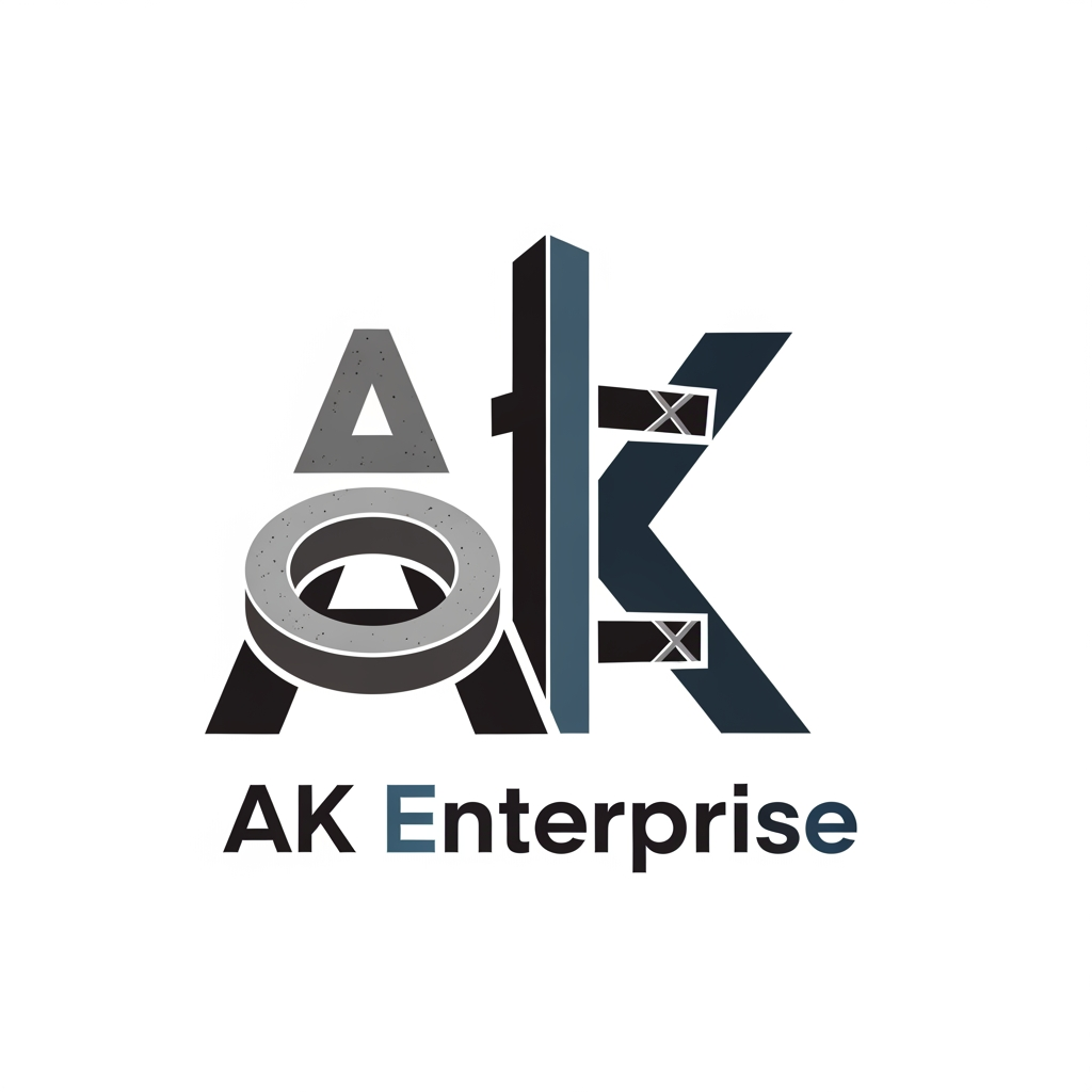 AI Design for AK Enterprise name use generate logo related to Precast Concrete Ring and Fence Posts colour use dark attractic colors unique design logo SHOULD MERGE TO AK Enterprise