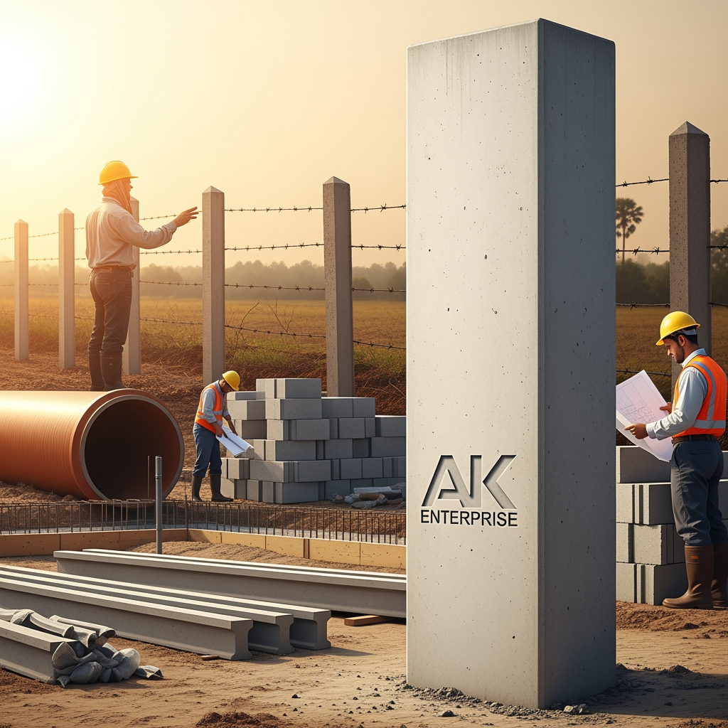 AI Design for [At AK Enterprise, we don't just manufacture concrete products—we build the reliable, long-lasting infrastructure that secures your property and supports your land. Specializing in High-Quality Reinforced Cement Concrete (RCC) products, we are the trusted partner for contractors, farmers, and developers who refuse to compromise on structural integrity.] simple image more relate to content in content relate generate image unique image
