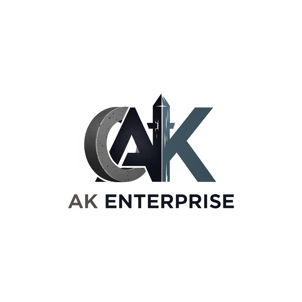 AI Design for AK Enterprise name use generate logo related to Precast Concrete Ring and Fence Posts colour use dark attractic colors unique design logo SHOULD MERGE TO AK Enterprise
