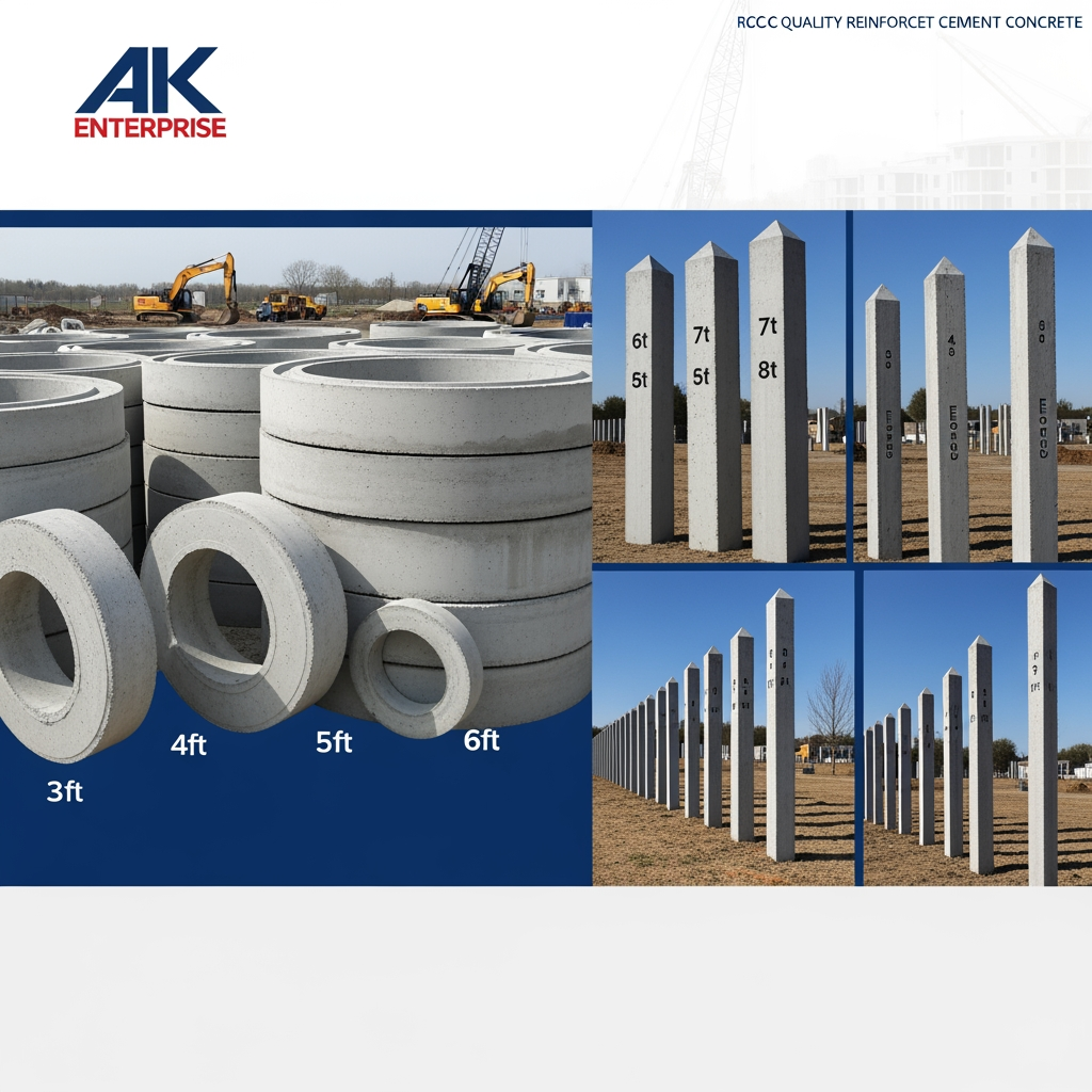 AI Design for content use in website[At AK Enterprise, we don't just manufacture concrete products—we build the reliable, long-lasting infrastructure that secures your property and supports your land. Specializing in High-Quality Reinforced Cement Concrete (RCC) products, we are the trusted partner for contractors, farmers, and developers who refuse to compromise on structural integrity.] actually we possible to do Precast Concrete Rings  Sizes:
3 Feet (Width) x 1 Foot
(Height)
4 Feet (Width) x 1 Foot (Height)
5 Feet (Width) x 1 Foot (Height)
6 Feet (Width) x 1 Foot (Height)
Precast Concrete Fence Posts  Sizes:
6 Feet (Total Length)
7 Feet (Total Length)
8 Feet (Total Length)  this content dont mention in image use as image simple image relate to content in content relate generate                                 image unique image