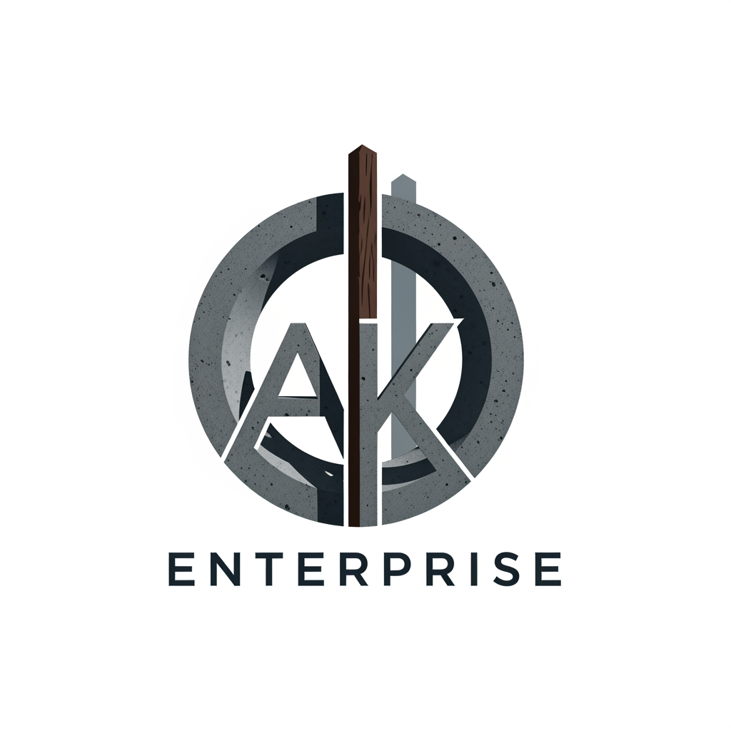 AI Design for AK Enterprise name use generate logo related to Precast Concrete Ring and Fence Posts colour use dark attractic colors unique design logo SHOULD MERGE TO AK Enterprise