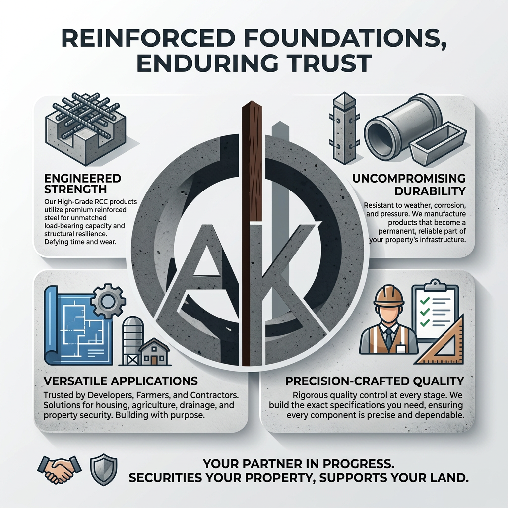 AI Design for i share my logo need means add this logo At AK Enterprise, we don't just manufacture concrete products—we build the reliable, long-lasting infrastructure that secures your property and supports your land. Specializing in High-Quality Reinforced Cement Concrete (RCC) products, we are the trusted partner for contractors, farmers, and developers who refuse to compromise on structural integrity. content relate generate image in this image i givent content dont use in image add attractive content related to my explaination generate image