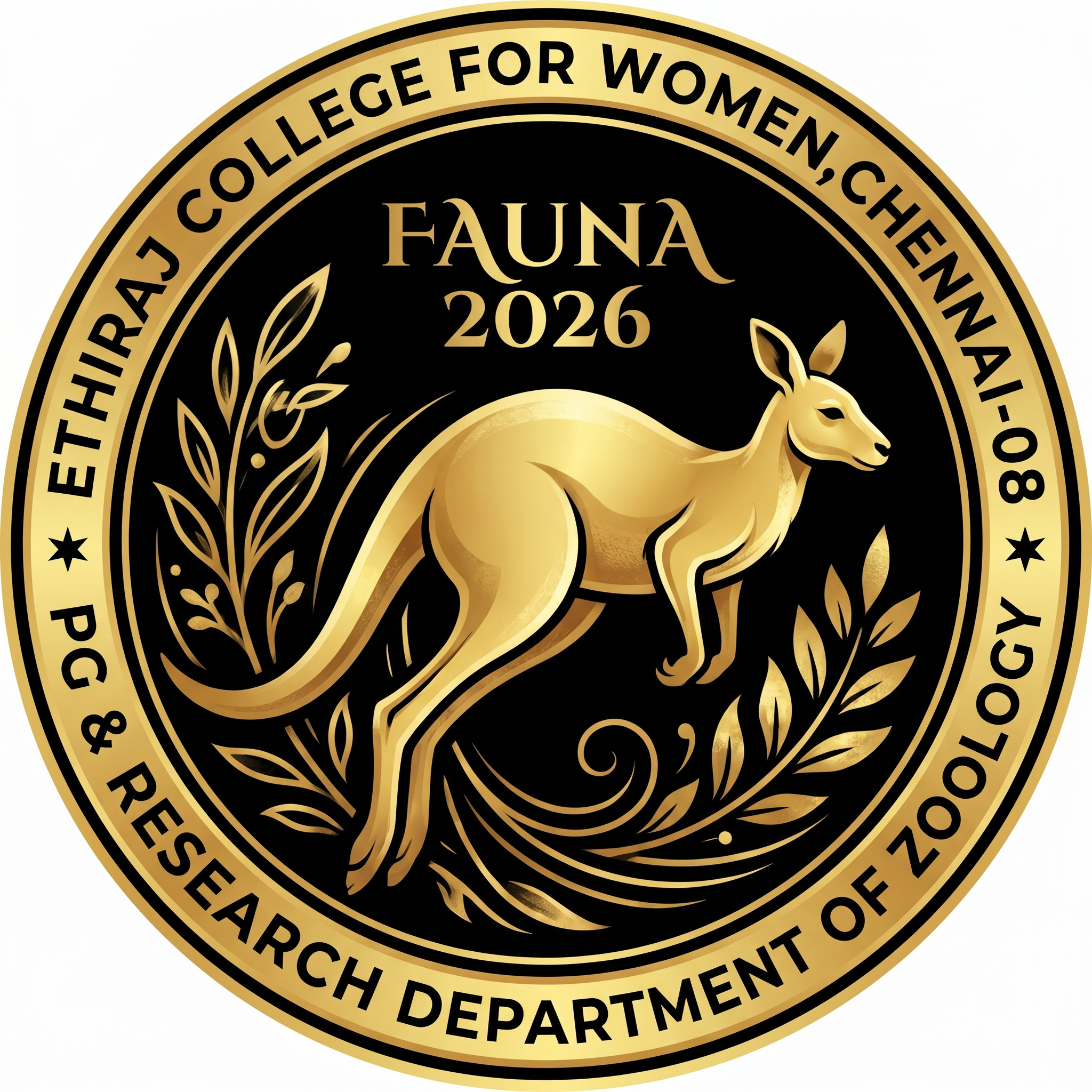 AI Design for I am studying 3rd year in B.Sc. advanced zoology and biotechnology in ethiraj college for women. am an editorial member in my department's association. we usually design a logo for our association every year. i've attached the logo our seniors did for previous year's association. the kangaroo must be there but a diff pose maybe. edit FAUNA 2025 to FAUNA 2026. The logo must be unique and different.
