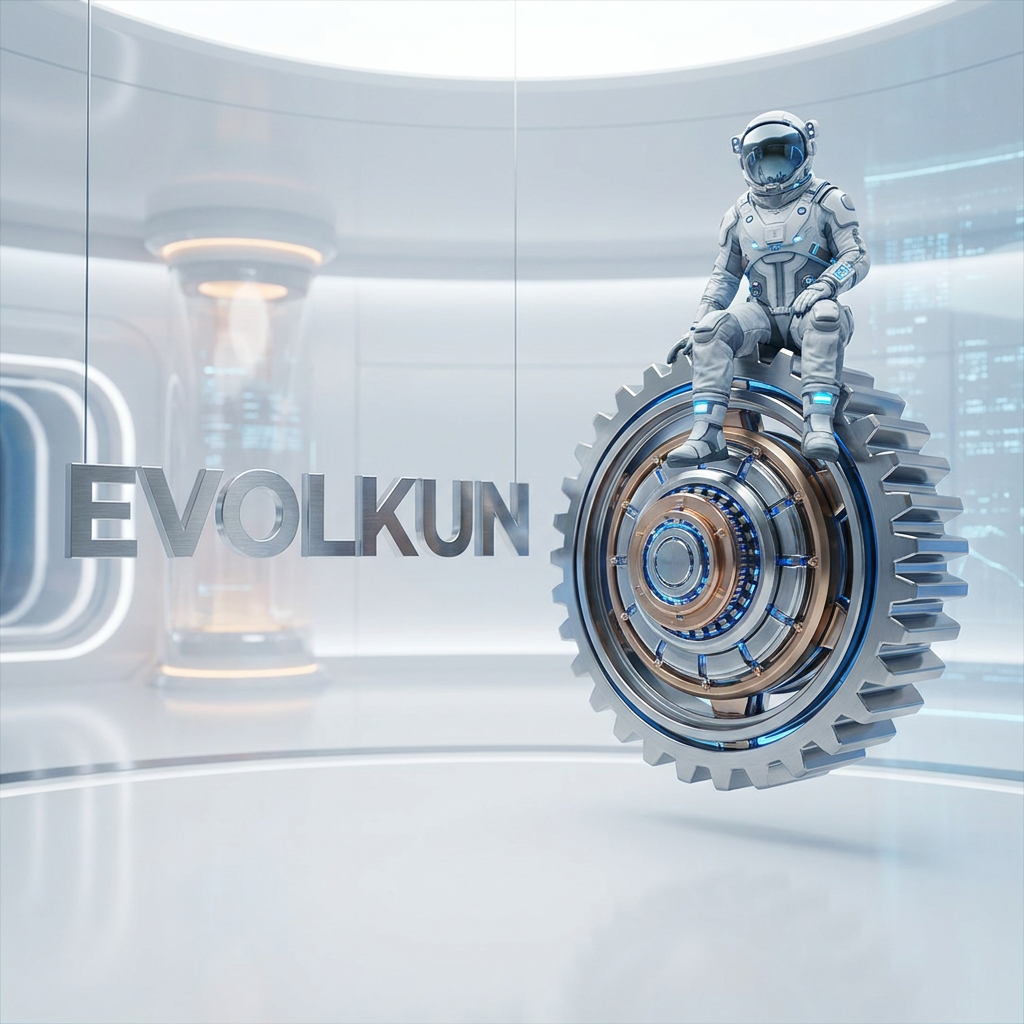 AI Design for Create a high-quality cinematic 3D animation featuring two separate characters:
1. A realistic futuristic astronaut.
2. A metallic mechanical gear/engine inspired by a settings icon.
Animation Sequence:
The scene begins in a clean bright futuristic environment with a light premium technology aesthetic.
A large floating text logo "EVOLKUN" appears suspended in the air.
The EVOLKUN logo suddenly drops from above with realistic physics and a slight bounce before settling into position.
A large metallic gear-engine then falls separately from above, rotating as it descends. It lands on top of the EVOLKUN logo with a subtle impact effect, vibration, and bounce.
After landing, the gear continues rotating and smoothly slides toward the right side of the EVOLKUN logo while maintaining its rotation.
Meanwhile, a futuristic astronaut enters from the right side of the scene completely independent of the gear.
The astronaut performs a realistic walking animation with natural arm swings, leg movement, and slight body motion.
As the astronaut approaches the gear, the gear stops moving and remains positioned on the right side of the EVOLKUN logo.
The astronaut climbs onto the gear-engine and sits comfortably on top of it.
Once seated, the astronaut performs an idle animation including:
- subtle breathing
- gentle floating motion
- occasional head movement
- looking around naturally
The gear continues a slow elegant rotation while the astronaut remains seated.
Visual Style:
- Premium technology company branding
- Futuristic but professional
- Bright light theme
- Clean white environment
- High-end CGI quality
- Cinematic camera movement
- Soft global illumination
- Detailed metallic materials
- Realistic shadows
- Smooth motion blur
- Modern startup / AI company aesthetic
Camera Animation:
- Begin with a wide shot
- Follow the logo drop
- Track the gear movement
- Follow the astronaut walking
- Slowly zoom in as the astronaut sits
- End with a hero shot showing:
EVOLKUN logo,
rotating gear on the right,
astronaut sitting on top of the gear
Duration: 10–15 seconds
Style: Pixar-quality cinematic 3D animation, Unreal Engine quality, highly polished, professional brand intro.