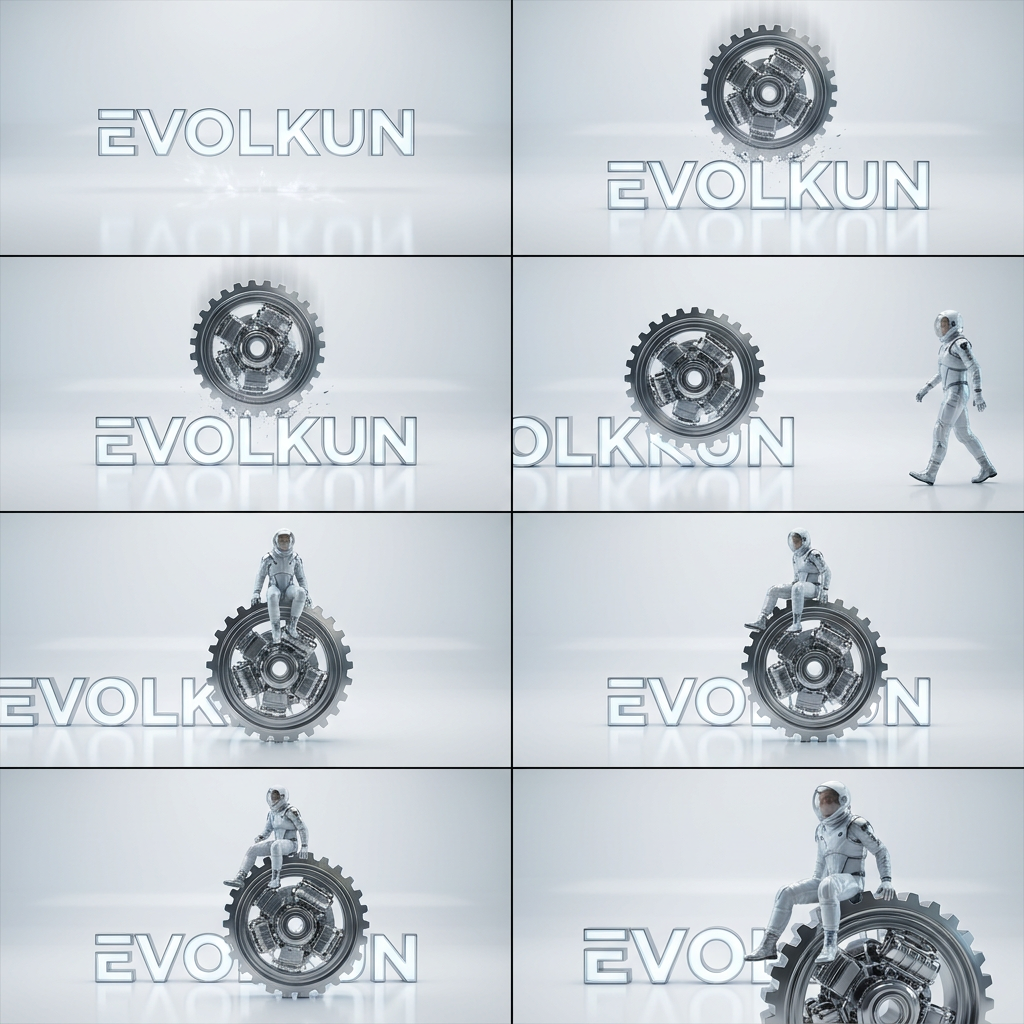 AI Design for Create a high-quality cinematic 3D animation featuring two separate characters:
1. A realistic futuristic astronaut.
2. A metallic mechanical gear/engine inspired by a settings icon.
Animation Sequence:
The scene begins in a clean bright futuristic environment with a light premium technology aesthetic.
A large floating text logo "EVOLKUN" appears suspended in the air.
The EVOLKUN logo suddenly drops from above with realistic physics and a slight bounce before settling into position.
A large metallic gear-engine then falls separately from above, rotating as it descends. It lands on top of the EVOLKUN logo with a subtle impact effect, vibration, and bounce.
After landing, the gear continues rotating and smoothly slides toward the right side of the EVOLKUN logo while maintaining its rotation.
Meanwhile, a futuristic astronaut enters from the right side of the scene completely independent of the gear.
The astronaut performs a realistic walking animation with natural arm swings, leg movement, and slight body motion.
As the astronaut approaches the gear, the gear stops moving and remains positioned on the right side of the EVOLKUN logo.
The astronaut climbs onto the gear-engine and sits comfortably on top of it.
Once seated, the astronaut performs an idle animation including:
- subtle breathing
- gentle floating motion
- occasional head movement
- looking around naturally
The gear continues a slow elegant rotation while the astronaut remains seated.
Visual Style:
- Premium technology company branding
- Futuristic but professional
- Bright light theme
- Clean white environment
- High-end CGI quality
- Cinematic camera movement
- Soft global illumination
- Detailed metallic materials
- Realistic shadows
- Smooth motion blur
- Modern startup / AI company aesthetic
Camera Animation:
- Begin with a wide shot
- Follow the logo drop
- Track the gear movement
- Follow the astronaut walking
- Slowly zoom in as the astronaut sits
- End with a hero shot showing:
EVOLKUN logo,
rotating gear on the right,
astronaut sitting on top of the gear
Duration: 10–15 seconds
Style: Pixar-quality cinematic 3D animation, Unreal Engine quality, highly polished, professional brand intro.