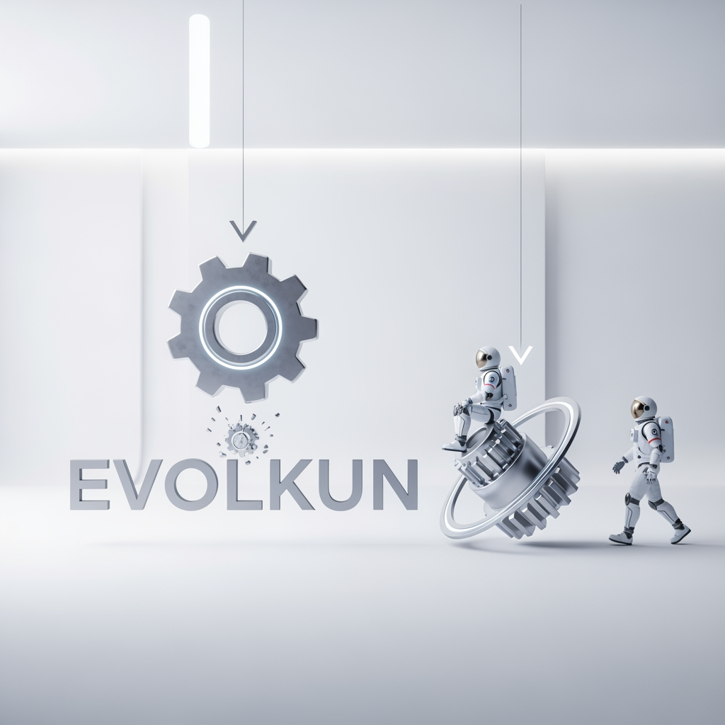 AI Design for Create a high-quality cinematic 3D animation featuring two separate characters:
1. A realistic futuristic astronaut.
2. A metallic mechanical gear/engine inspired by a settings icon.
Animation Sequence:
The scene begins in a clean bright futuristic environment with a light premium technology aesthetic.
A large floating text logo "EVOLKUN" appears suspended in the air.
The EVOLKUN logo suddenly drops from above with realistic physics and a slight bounce before settling into position.
A large metallic gear-engine then falls separately from above, rotating as it descends. It lands on top of the EVOLKUN logo with a subtle impact effect, vibration, and bounce.
After landing, the gear continues rotating and smoothly slides toward the right side of the EVOLKUN logo while maintaining its rotation.
Meanwhile, a futuristic astronaut enters from the right side of the scene completely independent of the gear.
The astronaut performs a realistic walking animation with natural arm swings, leg movement, and slight body motion.
As the astronaut approaches the gear, the gear stops moving and remains positioned on the right side of the EVOLKUN logo.
The astronaut climbs onto the gear-engine and sits comfortably on top of it.
Once seated, the astronaut performs an idle animation including:
- subtle breathing
- gentle floating motion
- occasional head movement
- looking around naturally
The gear continues a slow elegant rotation while the astronaut remains seated.
Visual Style:
- Premium technology company branding
- Futuristic but professional
- Bright light theme
- Clean white environment
- High-end CGI quality
- Cinematic camera movement
- Soft global illumination
- Detailed metallic materials
- Realistic shadows
- Smooth motion blur
- Modern startup / AI company aesthetic
Camera Animation:
- Begin with a wide shot
- Follow the logo drop
- Track the gear movement
- Follow the astronaut walking
- Slowly zoom in as the astronaut sits
- End with a hero shot showing:
EVOLKUN logo,
rotating gear on the right,
astronaut sitting on top of the gear
Duration: 10–15 seconds
Style: Pixar-quality cinematic 3D animation, Unreal Engine quality, highly polished, professional brand intro.