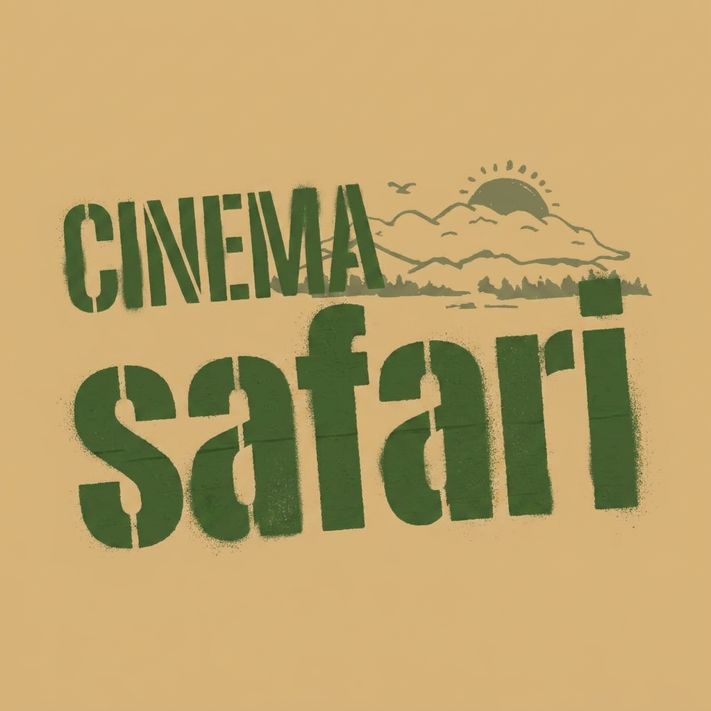 AI Design for keep the same colours of this logo, remove the smallest text in the bottom part 'cinema al binocolo' and make the main text 'cinema safari bigger, slightly inclined, Military stencil font, cargo text effect, army spray stencil, crate lettering.
