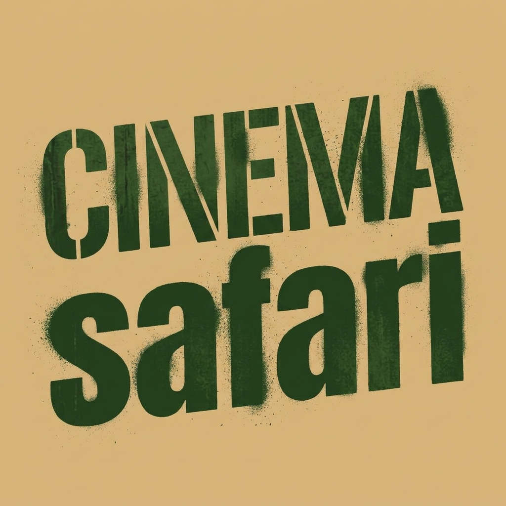 AI Design for remove: smallest text 'cinema al binocolo' and the graphic element behind the main text. Modify the main text: make it bigger; slightly inclined; Military stencil font, cargo text effect, army spray stencil, crate lettering (both words 'cinema' and 'safari'). Keep the dark green colour