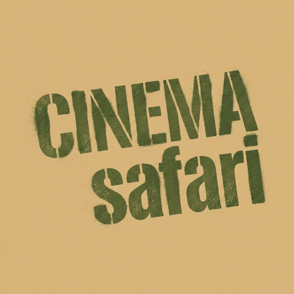 AI Design for remove: smallest text 'cinema al binocolo' and the graphic element behind the main text. Modify the main text: make it bigger; slightly inclined; Military stencil font, cargo text effect, army spray stencil, crate lettering (both words 'cinema' and 'safari').
