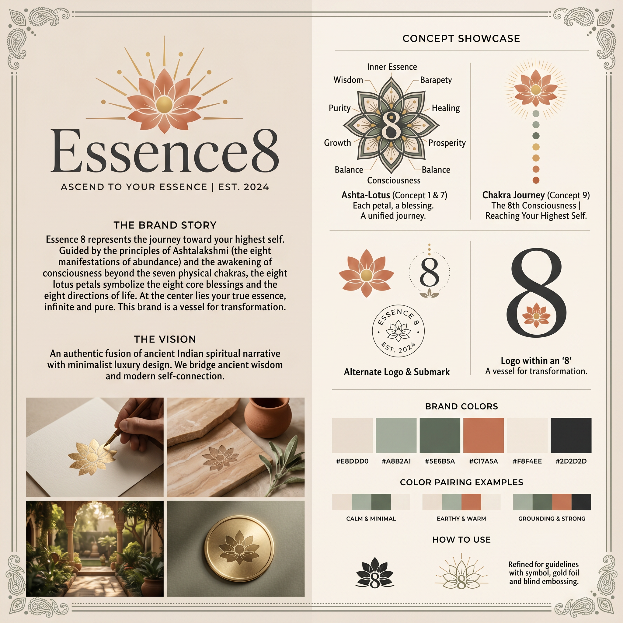 AI Design for The references you've shared are beautiful, soft, wellness-oriented, feminine, and spiritual. But for **"Essence 8"**, especially if you want a stronger Indian cultural narrative and a meaningful brand story, you can go much deeper than simply placing an 8-petal lotus above the name.
The strongest logos are those where:
* **8 is hidden inside the lotus**
* **The lotus symbolizes transformation**
* **The number 8 has spiritual significance**
* **The typography itself becomes part of the symbol**
* **The logo has a story that can be explained in one sentence**
---
# Concept 1: The Ashta-Lotus (Most Premium)
### Story
In Indian philosophy, **Ashta** means eight.
The 8 petals represent:
1. Wisdom
2. Purity
3. Growth
4. Prosperity
5. Balance
6. Healing
7. Consciousness
8. Inner Essence
The center of the lotus forms a subtle "8".
### Symbol
* 8 symmetrical lotus petals
* Center negative space forms the number 8
* Sacred bindu (gold dot) in the middle
* Minimal luxury style
### Prompt
> Design a luxury wellness brand logo for "Essence 8". Create an elegant 8-petal Indian lotus inspired by sacred geometry. The negative space in the center subtly forms the number 8. Include a small golden bindu at the core symbolizing consciousness. Use delicate line art mixed with soft terracotta gradients. Typography should be sophisticated serif with ESSENCE in olive green and the number 8 in brushed gold. Minimal, spiritual, premium, Indian luxury aesthetic.
---
# Concept 2: Infinite Lotus
### Story
The number 8 when rotated becomes infinity.
The logo symbolizes:
**Infinite growth through inner awakening.**
### Symbol
* Infinity sign forms lotus stem
* Upper loops become lotus petals
* Entire mark reads both lotus and 8
### Prompt
> Create a premium logo for "Essence 8" where the number 8 seamlessly transforms into a blooming lotus. The upper loop unfolds into four lotus petals and the lower loop into four petals, creating an eight-petal lotus. Inspired by Indian spirituality, yoga, mindfulness and sacred geometry. Elegant gold line work with warm terracotta accents. High-end wellness brand identity. Minimalist luxury packaging aesthetic.
---
# Concept 3: Lotus Mandala + 8
### Story
Inspired by Indian temple mandalas.
The lotus symbolizes spiritual awakening while the 8 represents abundance and cosmic balance.
### Symbol
* Mandala made of 8 lotus petals
* Golden center
* Circular geometry
### Prompt
> Design a sophisticated logo featuring an Indian mandala constructed from exactly eight lotus petals. The petals should radiate around a golden center forming a sacred geometric flower. The mandala subtly resembles the number 8 when viewed as a whole. Use refined line art, luxury spa branding style, muted sage green, terracotta, and soft gold. Premium wellness and conscious living brand.
---
# Concept 4: Essence + Hidden 8
### Story
The logo is not separate.
The brand name itself becomes the logo.
The final "e" of Essence transforms into an 8.
### Symbol
ESSENC(8)
or
Essenc∞e
### Prompt
> Create a typography-first luxury logo for "Essence 8". The word ESSENCE should elegantly transform into the number 8 through custom typography. The final letterform flows naturally into a graceful golden 8 inspired by Indian calligraphy. Include subtle lotus petal details integrated into the letterforms. Minimal, timeless, luxury wellness identity.
---
# Concept 5: Lotus Within 8
### Story
The number 8 becomes a sacred vessel.
The lotus blooms from within it.
Meaning:
> "Your true essence emerges from within."
### Symbol
* Large elegant 8
* Lotus placed inside lower loop
* Sacred dots above
### Prompt
> Design a spiritual luxury logo where a large elegant number 8 encloses an eight-petal lotus in its lower circle. The upper circle contains three ascending bindu dots symbolizing higher consciousness. Inspired by Indian spiritual symbolism, yoga, Ayurveda and sacred feminine energy. Soft gold foil aesthetic, premium minimalism, luxury wellness branding.
---
# Concept 6: Rising Lotus Sun
### Story
Indian culture often associates lotus with sunrise and enlightenment.
The 8 rays represent the eight directions of life.
### Symbol
* Lotus at horizon
* 8 rays emerging
* Sun center
### Prompt
> Create a luxury logo for Essence 8 featuring an eight-petal lotus rising from the horizon. Eight elegant sun rays emerge from behind the lotus symbolizing awakening, balance and spiritual growth. Inspired by Indian sunrise rituals and sacred symbolism. Minimal line art with warm gold and terracotta tones. Premium wellness and mindfulness brand identity.
---
# Concept 7: Ashtalakshmi Concept (Very Indian)
### Story
Inspired by **Ashtalakshmi**, the eight manifestations of Goddess Lakshmi.
Represents:
* Prosperity
* Knowledge
* Strength
* Fertility
* Victory
* Courage
* Wealth
* Spiritual fulfillment
### Symbol
8 petals = 8 blessings
### Prompt
> Design a premium Indian luxury logo inspired by Ashtalakshmi symbolism. Create an elegant eight-petal lotus where each petal represents one of the eight blessings of life. The center glows with a golden bindu. Sophisticated sacred geometry, refined Indian aesthetics, luxury Ayurveda and holistic wellness branding. Use muted terracotta, sage green, champagne gold and cream.
---
# Concept 8: Lotus Crown 8 (Luxury Fashion Feel)
### Story
The lotus petals form a crown.
The crown subtly creates the number 8.
Meaning:
**Mastery of self.**
### Symbol
* Lotus crown
* Hidden 8
* Luxury fashion-house feel
### Prompt
> Create a luxury fashion-inspired logo for Essence 8 featuring a crown formed by eight lotus petals. The negative space subtly reveals the number 8. Elegant, regal, sophisticated, Indian luxury aesthetic. Premium serif typography, gold foil details, sacred feminine energy, timeless branding suitable for wellness, beauty, lifestyle and luxury products.
---
# Concept 9: Chakra Journey (Most Meaningful)
### Story
There are 7 chakras.
The 8th is often referred to as the **Soul Star Chakra**, beyond the physical self.
**Essence 8 = reaching your highest self.**
### Symbol
* 7 dots ascending
* Lotus at top
* 8th point illuminated
### Prompt
> Design a deeply spiritual logo for Essence 8 inspired by the chakra system. Seven ascending energy points rise toward an illuminated eight-petal lotus representing the Soul Star Chakra and higher consciousness. Sacred geometry, Indian spiritual symbolism, luxury wellness branding, minimal line art, gold and sage green palette, timeless and elegant.
---
# My strongest recommendation
If this brand is intended for **wellness, Ayurveda, spiritual growth, beauty, luxury self-care, retreats, yoga, or conscious living**, combine:
### Concept 1 + Concept 7 + Concept 9
**Final Story:**
> "Essence 8 represents the journey toward your highest self. The eight lotus petals symbolize the eight blessings of life and the awakening of consciousness beyond the seven chakras. At the center lies your true essence."
That story is uniquely Indian, spiritually rich, premium, and far more memorable than a generic lotus logo.
