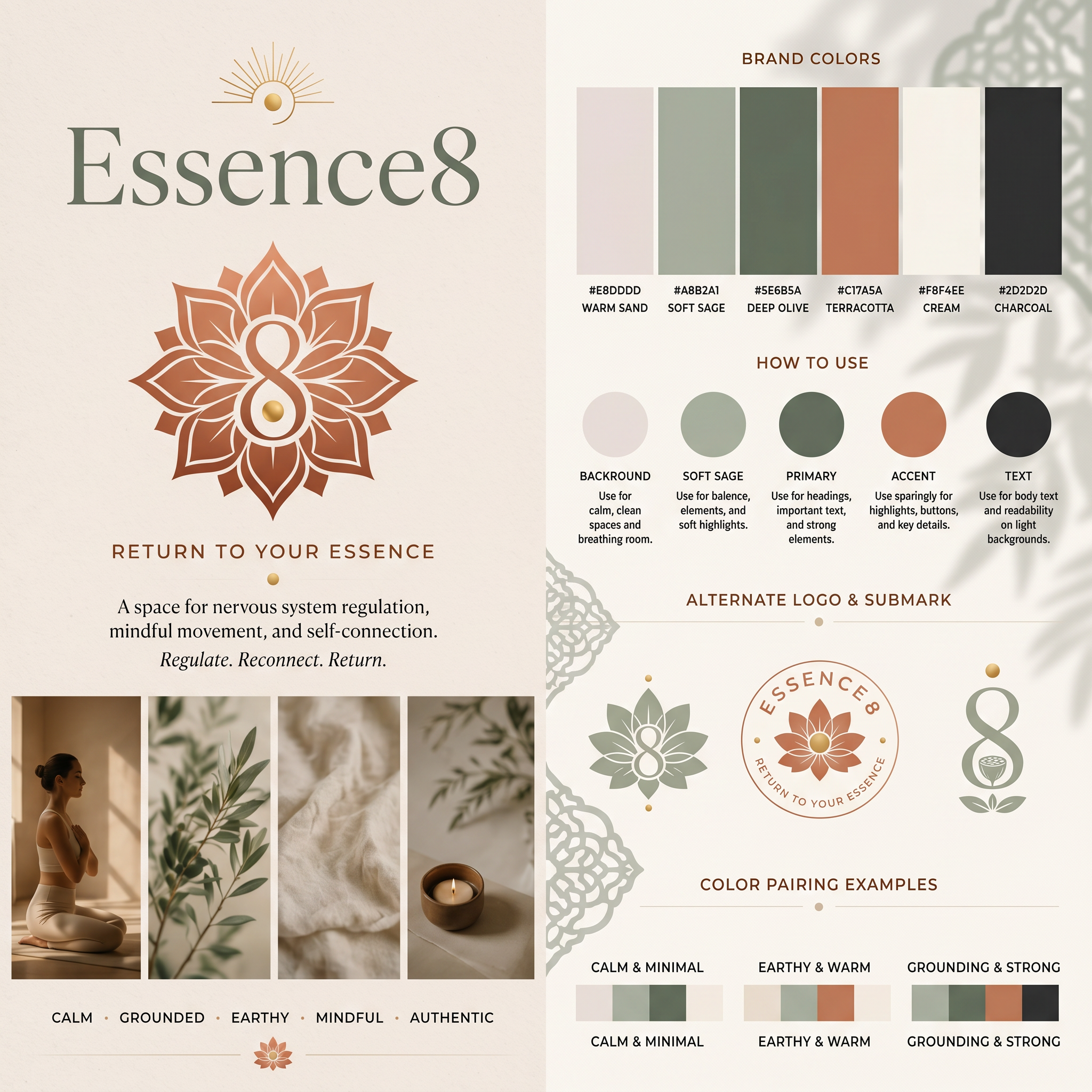 AI Design for The references you've shared are beautiful, soft, wellness-oriented, feminine, and spiritual. But for **"Essence 8"**, especially if you want a stronger Indian cultural narrative and a meaningful brand story, you can go much deeper than simply placing an 8-petal lotus above the name.
The strongest logos are those where:
* **8 is hidden inside the lotus**
* **The lotus symbolizes transformation**
* **The number 8 has spiritual significance**
* **The typography itself becomes part of the symbol**
* **The logo has a story that can be explained in one sentence**
---
# Concept 1: The Ashta-Lotus (Most Premium)
### Story
In Indian philosophy, **Ashta** means eight.
The 8 petals represent:
1. Wisdom
2. Purity
3. Growth
4. Prosperity
5. Balance
6. Healing
7. Consciousness
8. Inner Essence
The center of the lotus forms a subtle "8".
### Symbol
* 8 symmetrical lotus petals
* Center negative space forms the number 8
* Sacred bindu (gold dot) in the middle
* Minimal luxury style
### Prompt
> Design a luxury wellness brand logo for "Essence 8". Create an elegant 8-petal Indian lotus inspired by sacred geometry. The negative space in the center subtly forms the number 8. Include a small golden bindu at the core symbolizing consciousness. Use delicate line art mixed with soft terracotta gradients. Typography should be sophisticated serif with ESSENCE in olive green and the number 8 in brushed gold. Minimal, spiritual, premium, Indian luxury aesthetic.
---
# Concept 2: Infinite Lotus
### Story
The number 8 when rotated becomes infinity.
The logo symbolizes:
**Infinite growth through inner awakening.**
### Symbol
* Infinity sign forms lotus stem
* Upper loops become lotus petals
* Entire mark reads both lotus and 8
### Prompt
> Create a premium logo for "Essence 8" where the number 8 seamlessly transforms into a blooming lotus. The upper loop unfolds into four lotus petals and the lower loop into four petals, creating an eight-petal lotus. Inspired by Indian spirituality, yoga, mindfulness and sacred geometry. Elegant gold line work with warm terracotta accents. High-end wellness brand identity. Minimalist luxury packaging aesthetic.
---
# Concept 3: Lotus Mandala + 8
### Story
Inspired by Indian temple mandalas.
The lotus symbolizes spiritual awakening while the 8 represents abundance and cosmic balance.
### Symbol
* Mandala made of 8 lotus petals
* Golden center
* Circular geometry
### Prompt
> Design a sophisticated logo featuring an Indian mandala constructed from exactly eight lotus petals. The petals should radiate around a golden center forming a sacred geometric flower. The mandala subtly resembles the number 8 when viewed as a whole. Use refined line art, luxury spa branding style, muted sage green, terracotta, and soft gold. Premium wellness and conscious living brand.
---
# Concept 4: Essence + Hidden 8
### Story
The logo is not separate.
The brand name itself becomes the logo.
The final "e" of Essence transforms into an 8.
### Symbol
ESSENC(8)
or
Essenc∞e
### Prompt
> Create a typography-first luxury logo for "Essence 8". The word ESSENCE should elegantly transform into the number 8 through custom typography. The final letterform flows naturally into a graceful golden 8 inspired by Indian calligraphy. Include subtle lotus petal details integrated into the letterforms. Minimal, timeless, luxury wellness identity.
---
# Concept 5: Lotus Within 8
### Story
The number 8 becomes a sacred vessel.
The lotus blooms from within it.
Meaning:
> "Your true essence emerges from within."
### Symbol
* Large elegant 8
* Lotus placed inside lower loop
* Sacred dots above
### Prompt
> Design a spiritual luxury logo where a large elegant number 8 encloses an eight-petal lotus in its lower circle. The upper circle contains three ascending bindu dots symbolizing higher consciousness. Inspired by Indian spiritual symbolism, yoga, Ayurveda and sacred feminine energy. Soft gold foil aesthetic, premium minimalism, luxury wellness branding.
---
# Concept 6: Rising Lotus Sun
### Story
Indian culture often associates lotus with sunrise and enlightenment.
The 8 rays represent the eight directions of life.
### Symbol
* Lotus at horizon
* 8 rays emerging
* Sun center
### Prompt
> Create a luxury logo for Essence 8 featuring an eight-petal lotus rising from the horizon. Eight elegant sun rays emerge from behind the lotus symbolizing awakening, balance and spiritual growth. Inspired by Indian sunrise rituals and sacred symbolism. Minimal line art with warm gold and terracotta tones. Premium wellness and mindfulness brand identity.
---
# Concept 7: Ashtalakshmi Concept (Very Indian)
### Story
Inspired by **Ashtalakshmi**, the eight manifestations of Goddess Lakshmi.
Represents:
* Prosperity
* Knowledge
* Strength
* Fertility
* Victory
* Courage
* Wealth
* Spiritual fulfillment
### Symbol
8 petals = 8 blessings
### Prompt
> Design a premium Indian luxury logo inspired by Ashtalakshmi symbolism. Create an elegant eight-petal lotus where each petal represents one of the eight blessings of life. The center glows with a golden bindu. Sophisticated sacred geometry, refined Indian aesthetics, luxury Ayurveda and holistic wellness branding. Use muted terracotta, sage green, champagne gold and cream.
---
# Concept 8: Lotus Crown 8 (Luxury Fashion Feel)
### Story
The lotus petals form a crown.
The crown subtly creates the number 8.
Meaning:
**Mastery of self.**
### Symbol
* Lotus crown
* Hidden 8
* Luxury fashion-house feel
### Prompt
> Create a luxury fashion-inspired logo for Essence 8 featuring a crown formed by eight lotus petals. The negative space subtly reveals the number 8. Elegant, regal, sophisticated, Indian luxury aesthetic. Premium serif typography, gold foil details, sacred feminine energy, timeless branding suitable for wellness, beauty, lifestyle and luxury products.
---
# Concept 9: Chakra Journey (Most Meaningful)
### Story
There are 7 chakras.
The 8th is often referred to as the **Soul Star Chakra**, beyond the physical self.
**Essence 8 = reaching your highest self.**
### Symbol
* 7 dots ascending
* Lotus at top
* 8th point illuminated
### Prompt
> Design a deeply spiritual logo for Essence 8 inspired by the chakra system. Seven ascending energy points rise toward an illuminated eight-petal lotus representing the Soul Star Chakra and higher consciousness. Sacred geometry, Indian spiritual symbolism, luxury wellness branding, minimal line art, gold and sage green palette, timeless and elegant.
---
# My strongest recommendation
If this brand is intended for **wellness, Ayurveda, spiritual growth, beauty, luxury self-care, retreats, yoga, or conscious living**, combine:
### Concept 1 + Concept 7 + Concept 9
**Final Story:**
> "Essence 8 represents the journey toward your highest self. The eight lotus petals symbolize the eight blessings of life and the awakening of consciousness beyond the seven chakras. At the center lies your true essence."
That story is uniquely Indian, spiritually rich, premium, and far more memorable than a generic lotus logo.