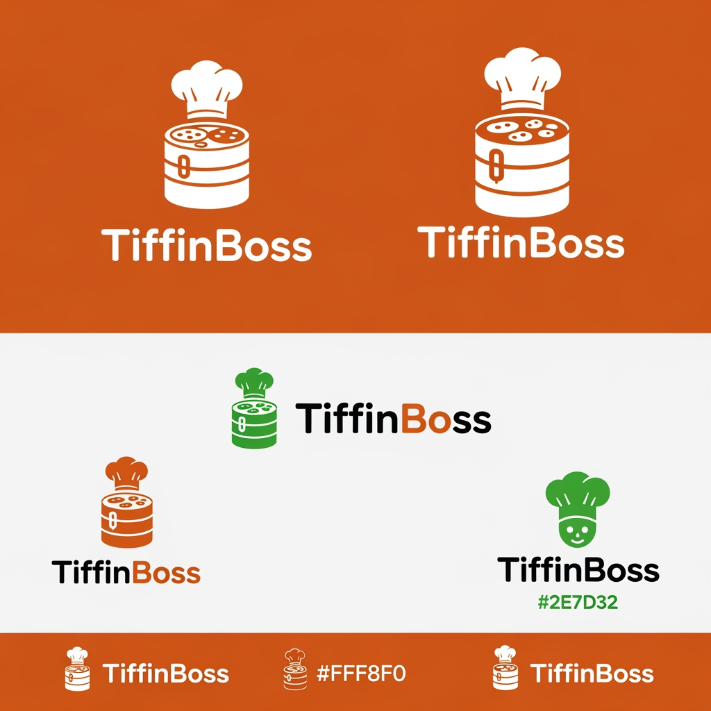 AI Design for Create a premium startup logo for:
TiffinBoss
Industry:
Gujarati Tiffin and Restaurant Technology Platform
Style:
Modern
Minimal
Memorable
Scalable
Avoid:
Cartoon mascots
Chef hats
Generic food icons
Clipart
Stock symbols
Create:
1. Icon Only
2. Wordmark
3. App Icon
4. Horizontal Version
Logo Symbol Ideas:
* TB Monogram
* Premium Tiffin Container
* Hidden Crown
* Geometric Food Container
* Abstract Gujarati Food-Tech Symbol
Colors:
Primary:
#944A00
Secondary:
#FFF8F0
Accent:
#2E7D32
Inspiration:
Uber
Zomato
Swiggy
Zepto
Blinkit
Must look like a funded startup and not a local restaurant logo.
Vector style.
Flat design.
No gradients.
No stock assets.