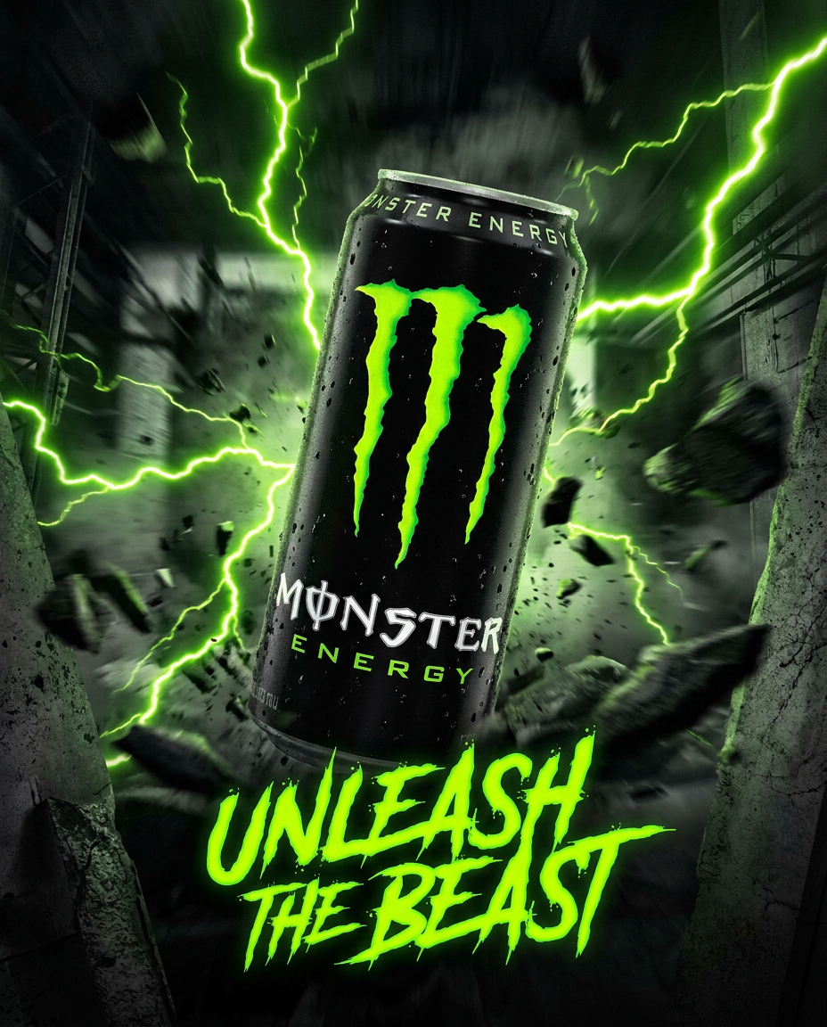 AI Design for A high-energy, cinematic poster for an extreme energy drink brand, featuring a sleek, condensation-covered can of {{asset:monster_can}} set against a dark, aggressive background with vibrant neon green lightning streaks. The composition uses a dynamic low-angle shot, sharp textures, and intense high-contrast lighting to evoke a sense of adrenaline, speed, and raw power.