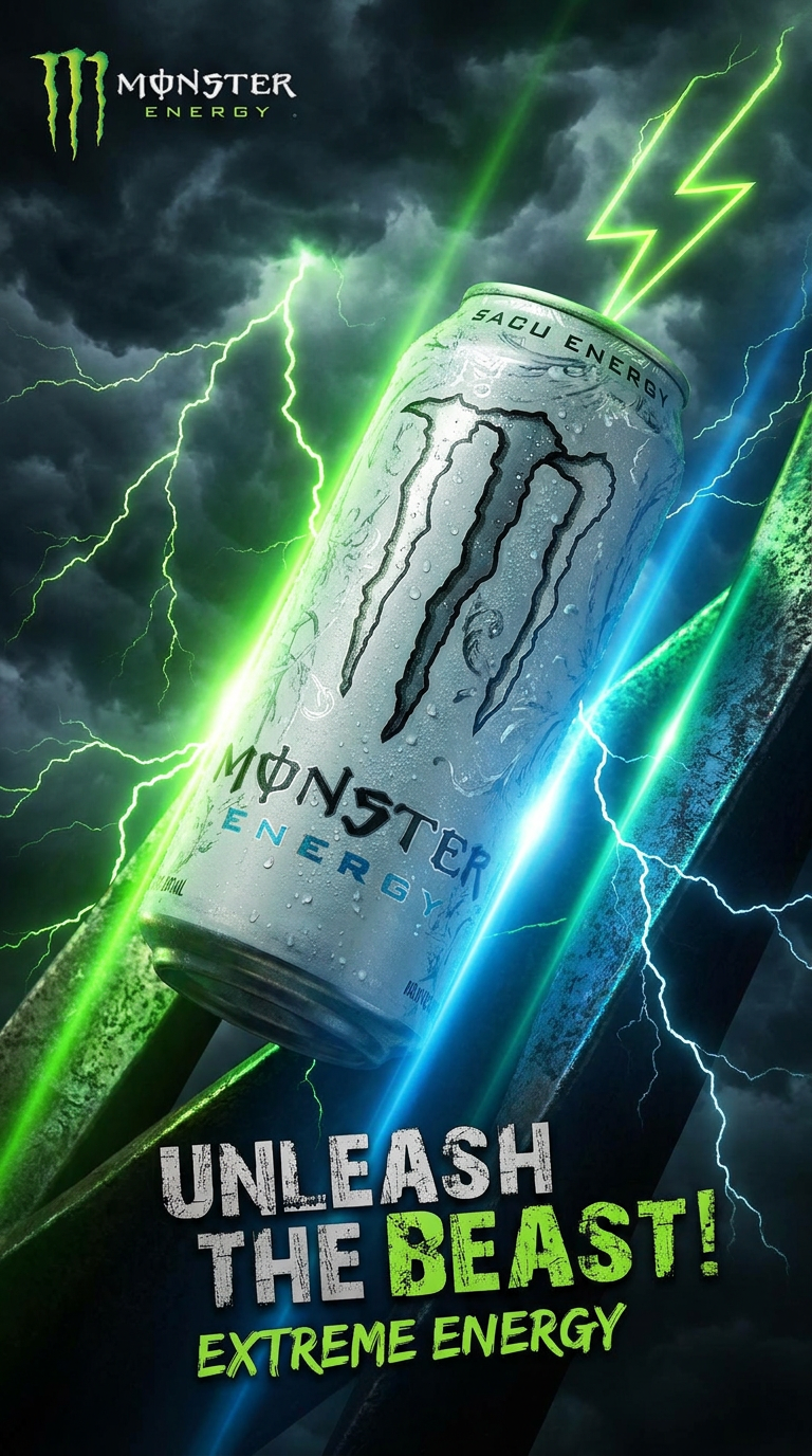 AI Design for A high-energy, cinematic poster for an extreme energy drink brand, featuring a sleek, condensation-covered can of {{asset:monster_can}} set against a dark, aggressive background with vibrant neon green lightning streaks. The composition uses a dynamic low-angle shot, sharp textures, and intense high-contrast lighting to evoke a sense of adrenaline, speed, and raw power.