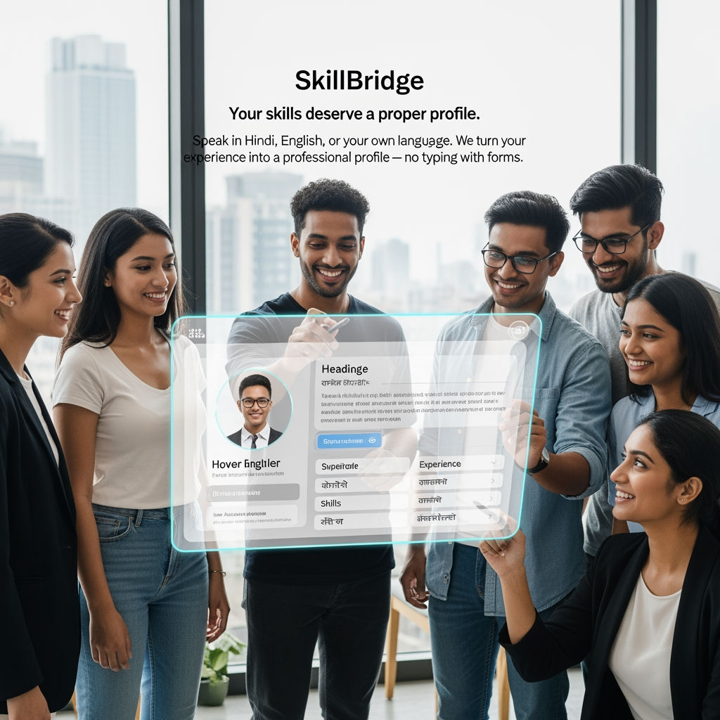 AI Design for SkillBridge
Your skills deserve
a proper profile
Speak in Hindi, English, or your own language. We turn your experience into a professional profile — no typing, no forms.