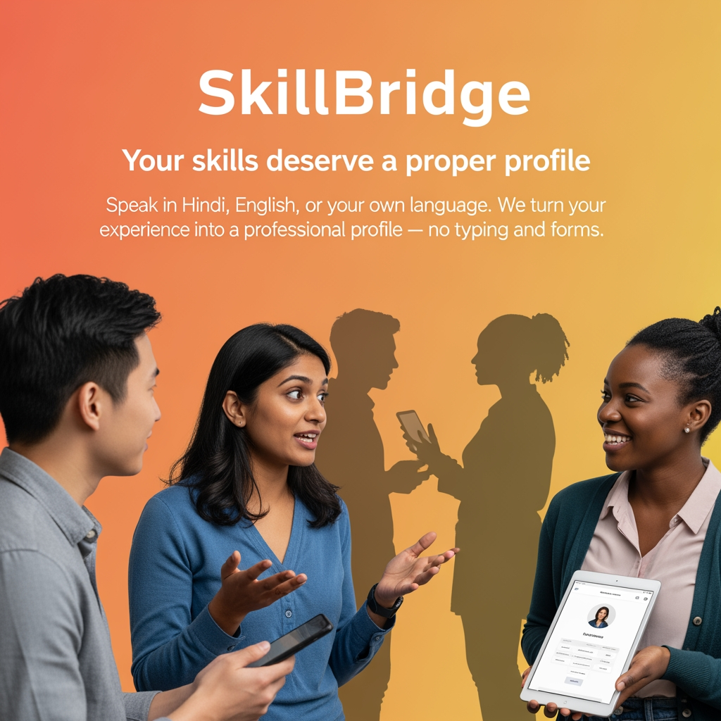 AI Design for SkillBridge
Your skills deserve
a proper profile
Speak in Hindi, English, or your own language. We turn your experience into a professional profile — no typing, no forms.