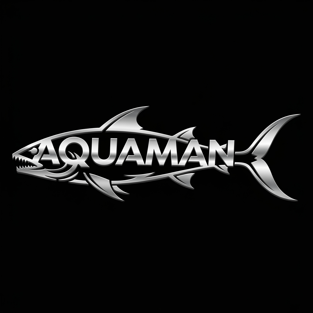 AI Design for Create a premium luxury wordmark logo featuring the text "AQUAMAN" seamlessly transformed into the shape of a powerful fish. The typography itself should form the fish silhouette, making the fish and wordmark appear as one unified design.
Design Requirements:
The entire fish shape must be built from the letters of AQUAMAN.
No separate fish illustration.
No eyes, pupils, facial features, or cartoon elements.
The fish should look aggressive, sleek, fast, and powerful through its shape alone.
The first A should naturally form the fish head and mouth.
The last letters should organically transition into an elegant forked tail fin.
Integrate sharp dorsal fins and lower fins into the typography.
Every letter should contribute to the fish anatomy.
Strong silhouette recognizable even at small sizes.
Style:
Ultra-premium metallic silver finish.
Brushed stainless steel texture.
Realistic chrome reflections.
High contrast highlights and shadows.
3D embossed appearance.
Luxury sports-brand aesthetic.
Sharp angular cuts and aggressive contours.
Clean vector-quality edges.
Professional esports, marine, and luxury brand influence.
Composition:
Horizontal logo layout.
Fish swimming from left to right.
Balanced proportions.
Symmetrical fin placement.
Tail integrated naturally into typography.
Strong negative space usage.
Black background for maximum contrast.
Quality:
Award-winning logo design.
Corporate branding quality.
Minimal yet highly recognizable.
Vector logo style.
Crisp outlines.
Scalable for apparel, websites, boats, fishing brands, gaming teams, and premium merchandise.
Negative Prompt:
No eyes, no cartoon style, no mascot design, no gradients outside metallic reflections, no extra text, no water splashes, no ocean background, no realistic fish illustration, no clutter, no shadows behind logo, no glow effects, no low-quality typography, no rounded playful fonts.
Style Keywords: luxury metallic logo, custom wordmark, fish typography logo, silver chrome emblem, aggressive marine branding, premium vector design, brushed steel texture, iconic brand mark, minimalist luxury logo, professional identity design.