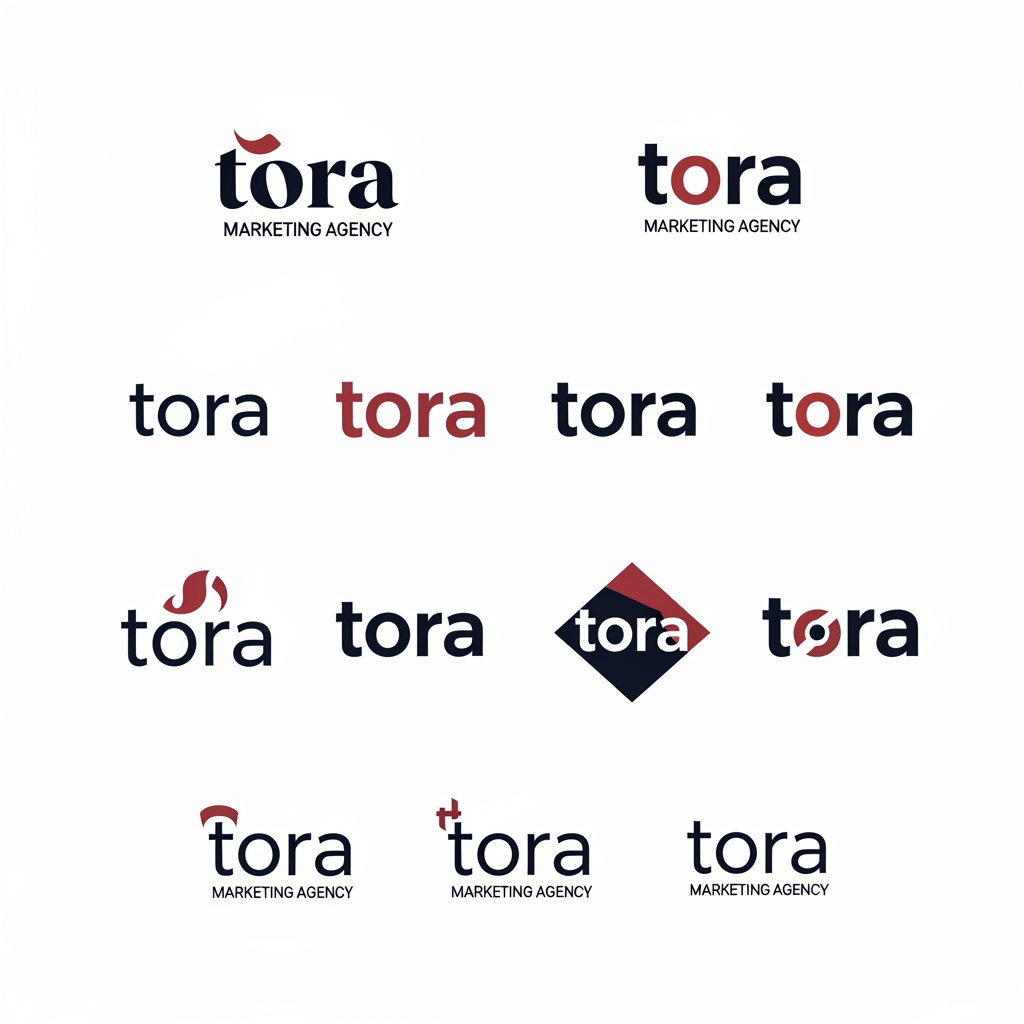 AI Design for fb3640, 000f08 this both are my brand color, you can use secondary color which is suitable to you, according to you, im starting my own marketing agancy, i wanna make logo for it, i want minimal logo, and creativity in typography, think10x and give me 10 type different option,company name tora