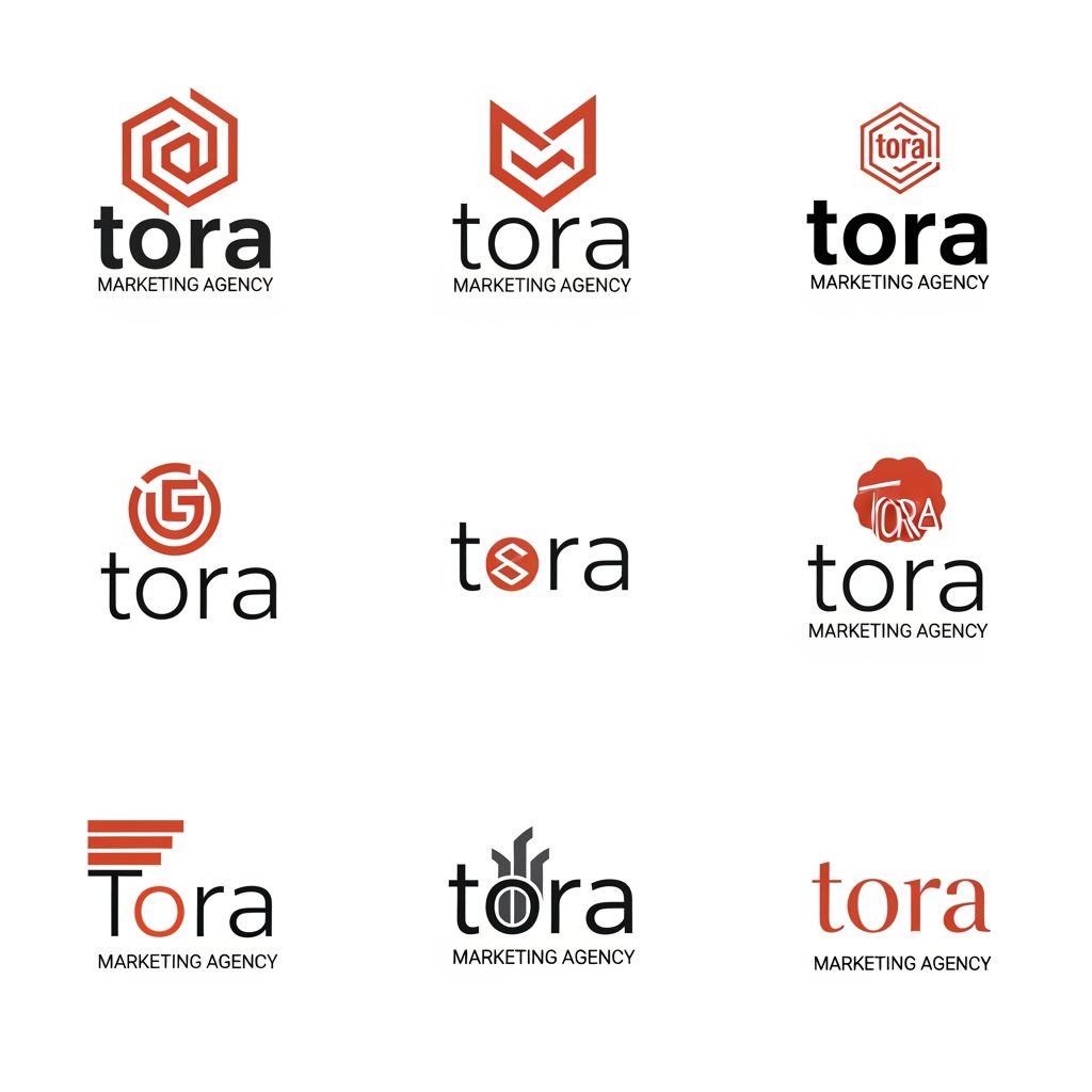 AI Design for fb3640, 000f08 this both are my brand color, you can use secondary color which is suitable to you, according to you, im starting my own marketing agancy, i wanna make logo for it, i want minimal logo, and creativity in typography, think10x and give me 10 type different option,company name tora