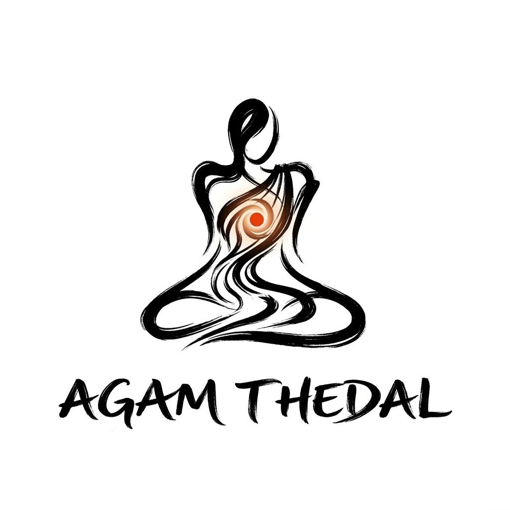 AI Design for CREATE A UNIQUE SOULFUL LOGO FOR "AGAM THEDAL" LIKE Using only black white with either red /yellow or orange as a dot or a saree flow some where (using 3 colors black and white with red or orange)