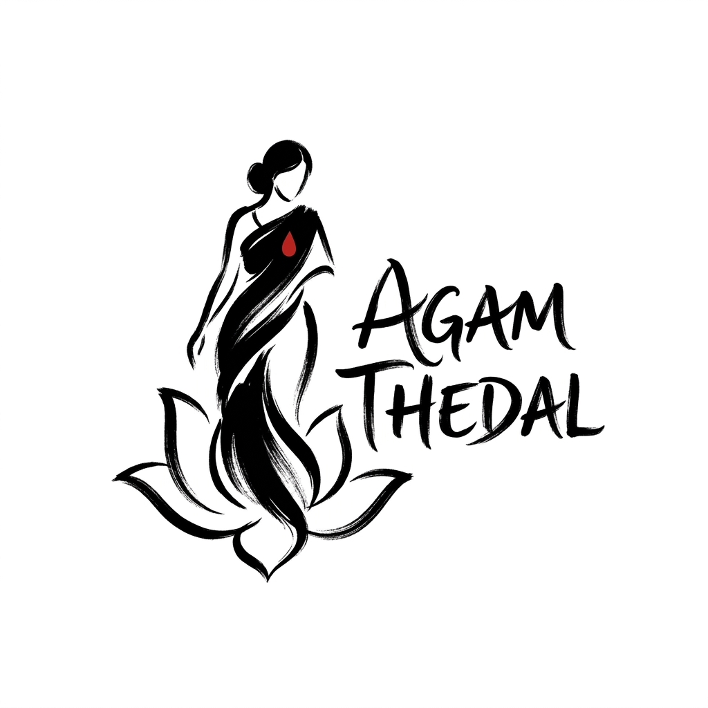AI Design for CREATE A UNIQUE SOULFUL LOGO FOR "AGAM THEDAL" LIKE Using only black white with either red /yellow or orange as a dot or a saree flow some where (using 3 colors black and white with red or orange)