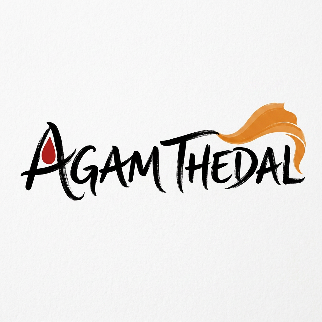AI Design for CREATE A UNIQUE SOULFUL LOGO FOR "AGAM THEDAL" LIKE Using only black white with either red /yellow or orange as a dot or a saree flow some where (using 3 colors black and white with red or orange)