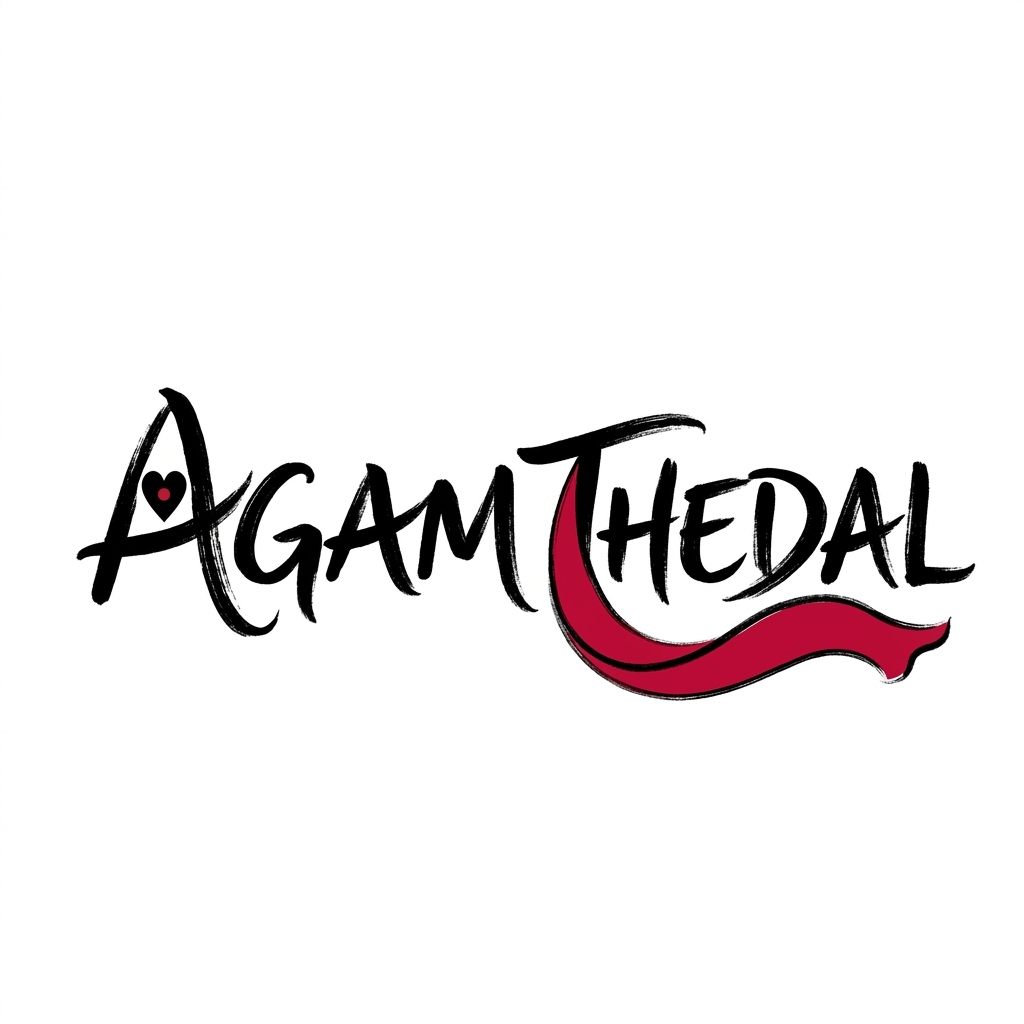 AI Design for CREATE A UNIQUE SOULFUL LOGO FOR "AGAM THEDAL" LIKE Using only black white with either red /yellow or orange as a dot or a saree flow some where (using 3 colors black and white with red or orange)