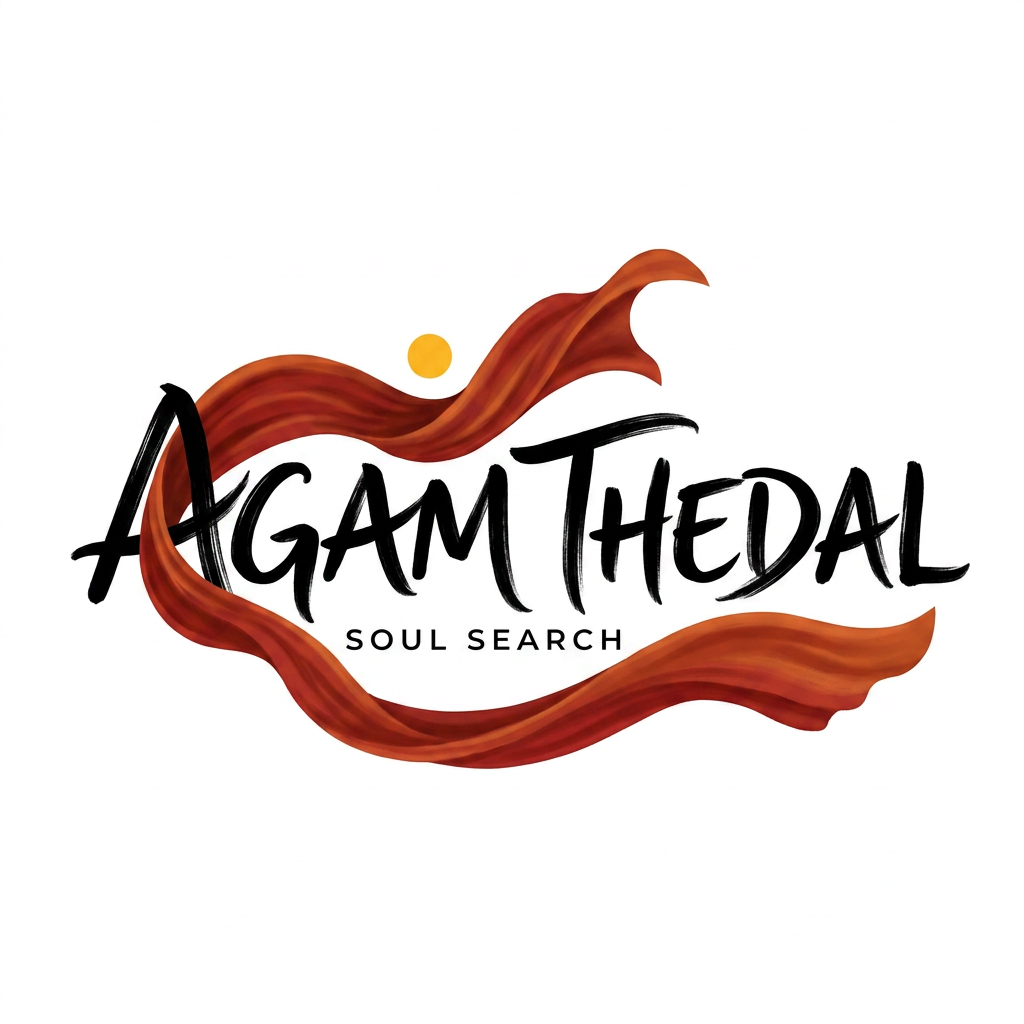 AI Design for CREATE A UNIQUE SOULFUL LOGO FOR "AGAM THEDAL" LIKE Using only black white with either red /yellow or orange as a dot or a saree flow some where (using 3 colors black and white with red or orange)