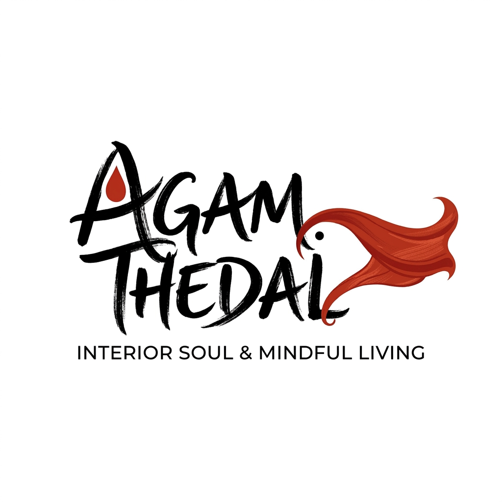 AI Design for CREATE A UNIQUE SOULFUL LOGO FOR "AGAM THEDAL" LIKE Using only black white with either red /yellow or orange as a dot or a saree flow some where (using 3 colors black and white with red or orange)